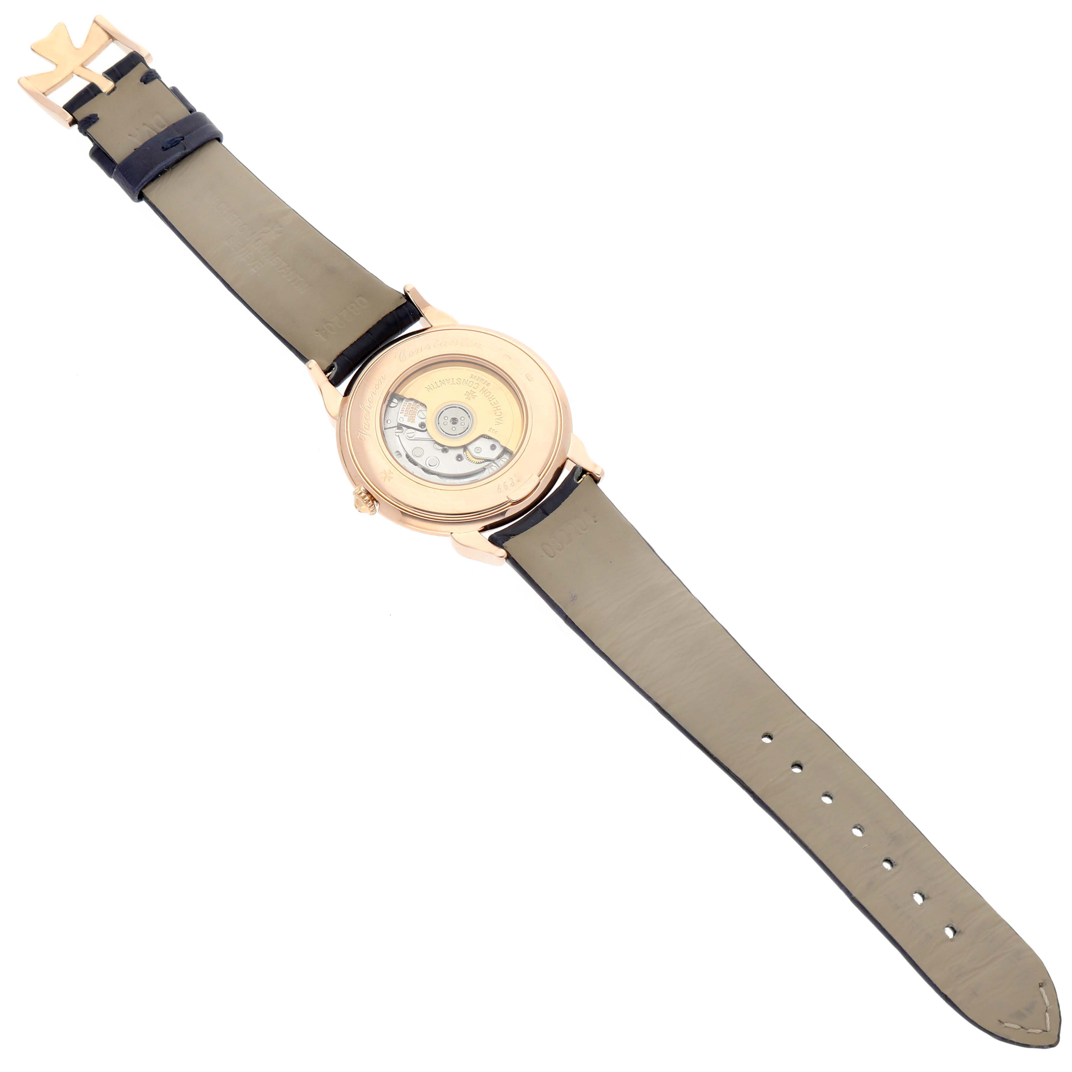 The Vacheron Constantin Historiques 48001R Men's Rose Gold White Dial watch is shown from the back, highlighting the movement and leather strap.