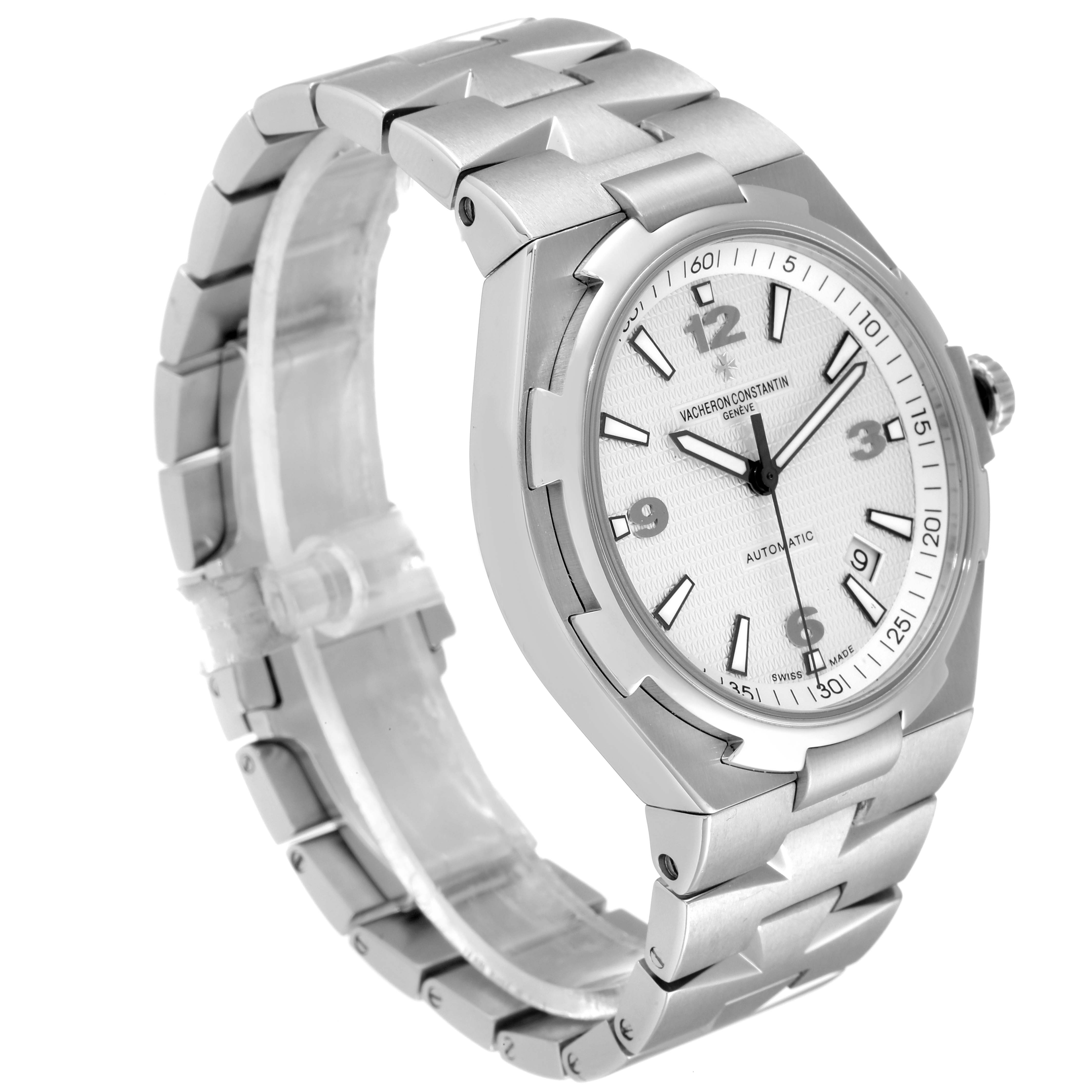 The image shows a Vacheron Constantin Overseas 47040B01A-9093 Men's Stainless Steel Silver Dial 47040B01A-9093 Men's Stainless Steel Silver Dial watch from an angled side view, highlighting the face, hands, and metal bracelet.