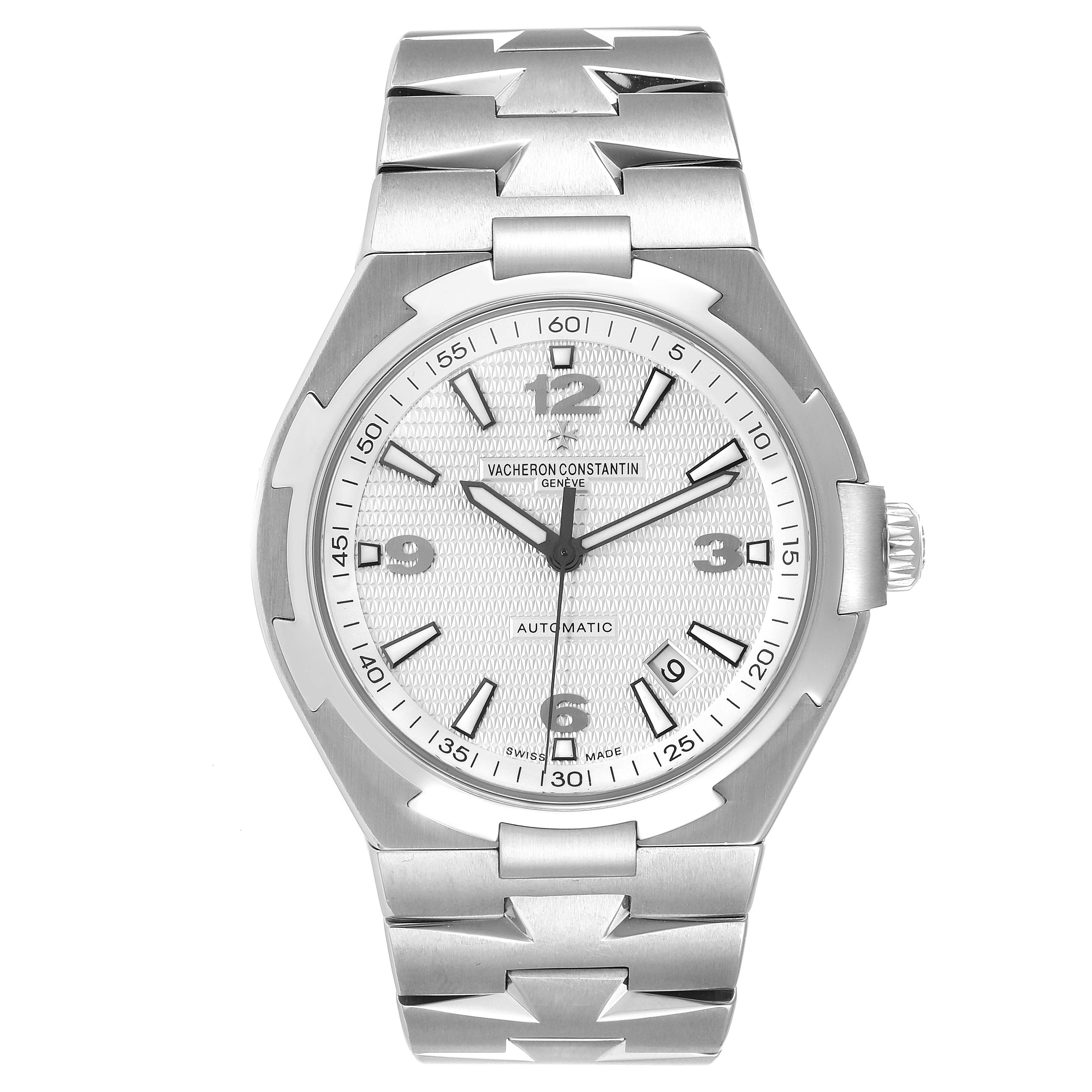 The Vacheron Constantin Overseas 47040B01A-9093 Men's Stainless Steel Silver Dial 47040B01A-9093 Men's Stainless Steel Silver Dial model watch is shown from a front angle, displaying its dial, bezel, and bracelet.