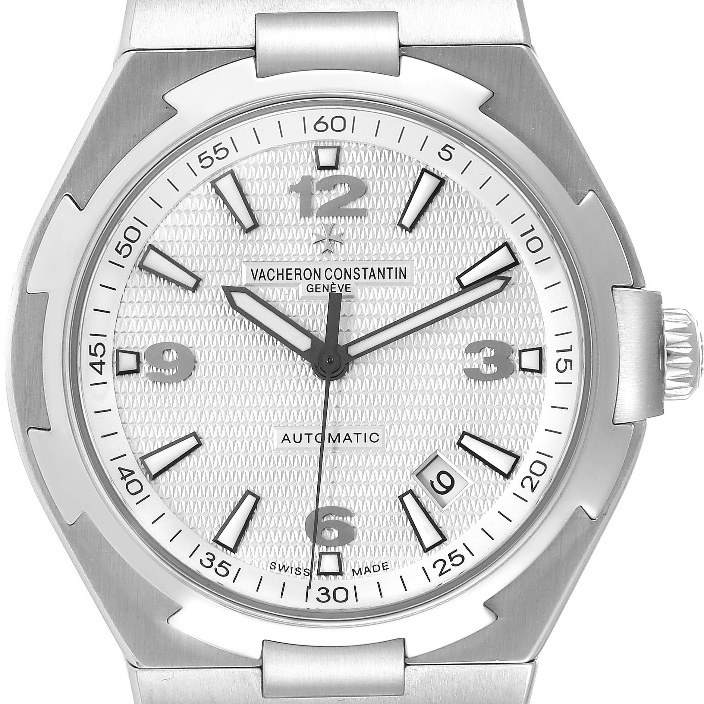 This image shows a front view of the Vacheron Constantin Overseas 47040B01A-9093 Men's Stainless Steel Silver Dial 47040B01A-9093 Men's Stainless Steel Silver Dial watch, highlighting the dial, hands, crown, and bezel.