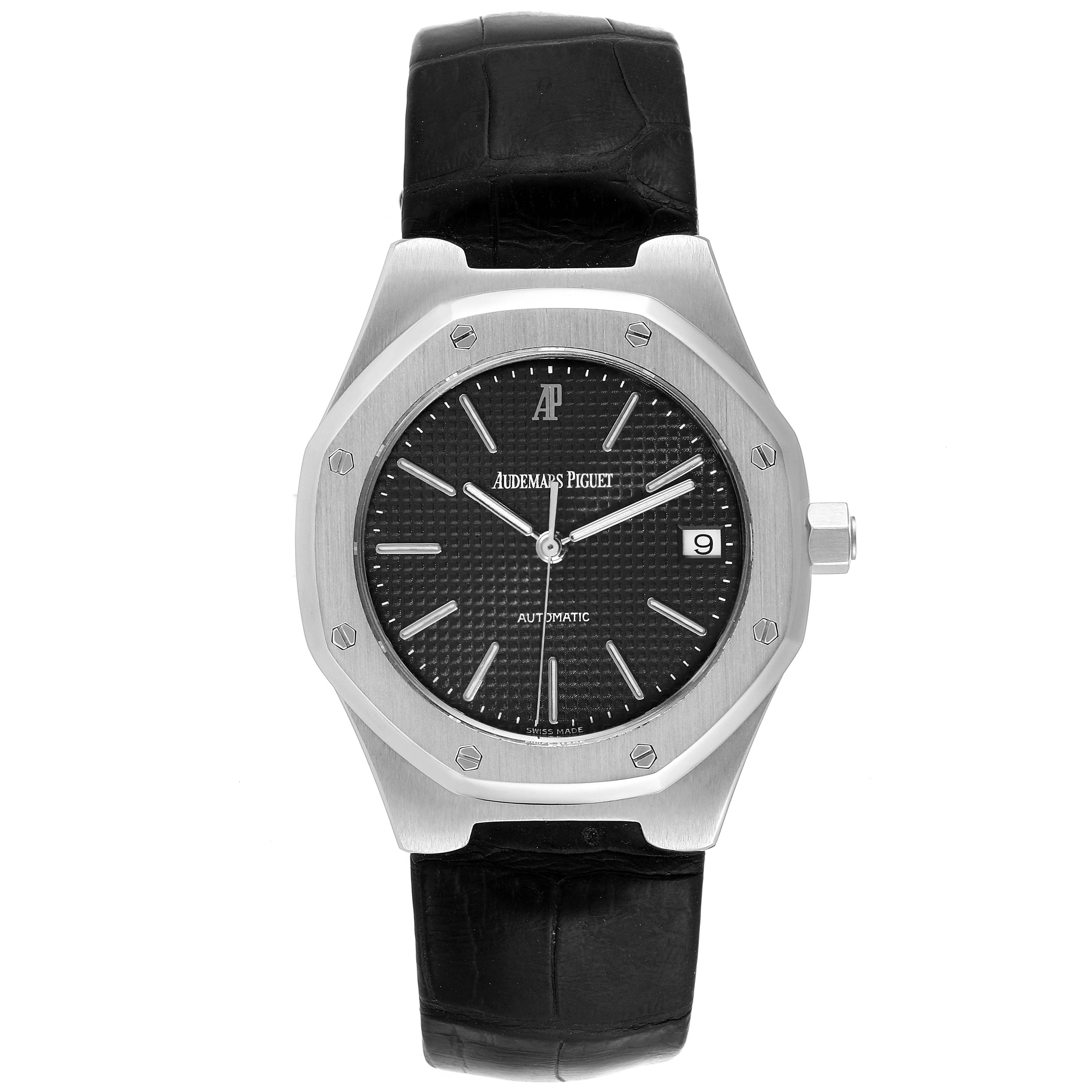 This image shows a front view of an Audemars Piguet Royal Oak 14800ST Men's Stainless Steel Black Dial 14800ST Men's Stainless Steel Black Dial watch, featuring its dial, bezel, crown, and black leather strap.