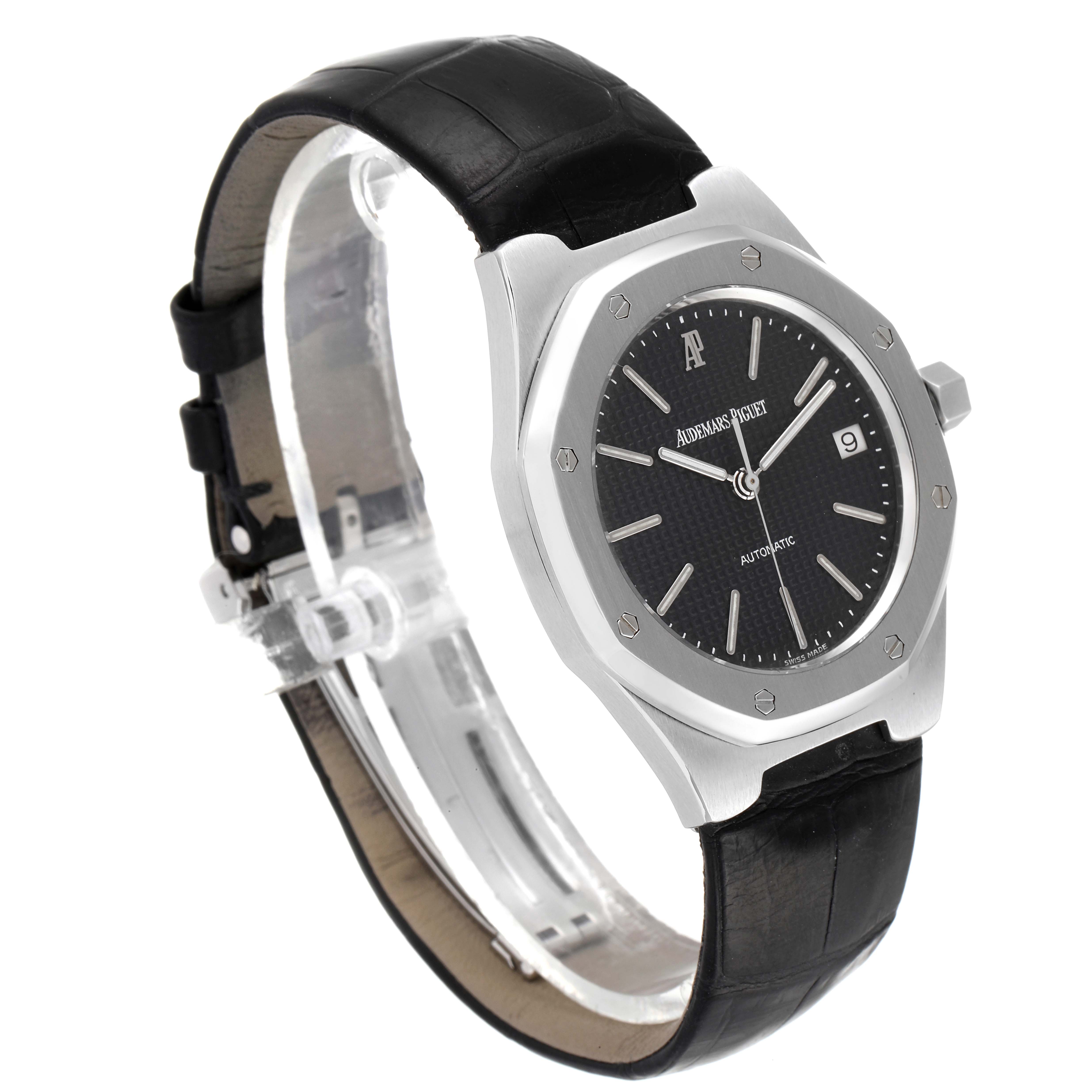 The image shows a side angle view of an Audemars Piguet Royal Oak 14800ST Men's Stainless Steel Black Dial 14800ST Men's Stainless Steel Black Dial watch, highlighting the black dial, bezel, and black leather strap.