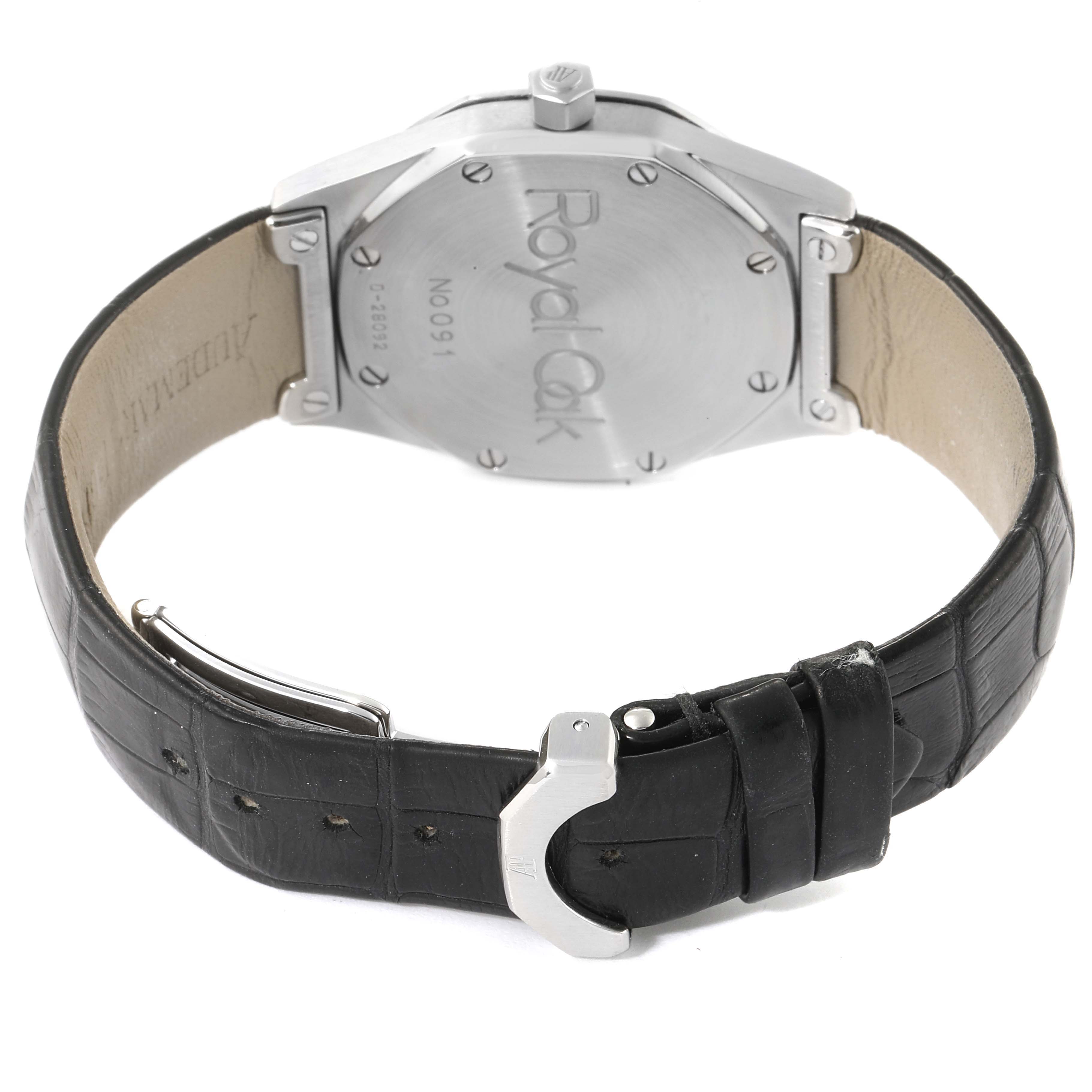 The image shows the back and strap of an Audemars Piguet Royal Oak 14800ST Men's Stainless Steel Black Dial 14800ST Men's Stainless Steel Black Dial watch, highlighting the case back and leather buckle strap.