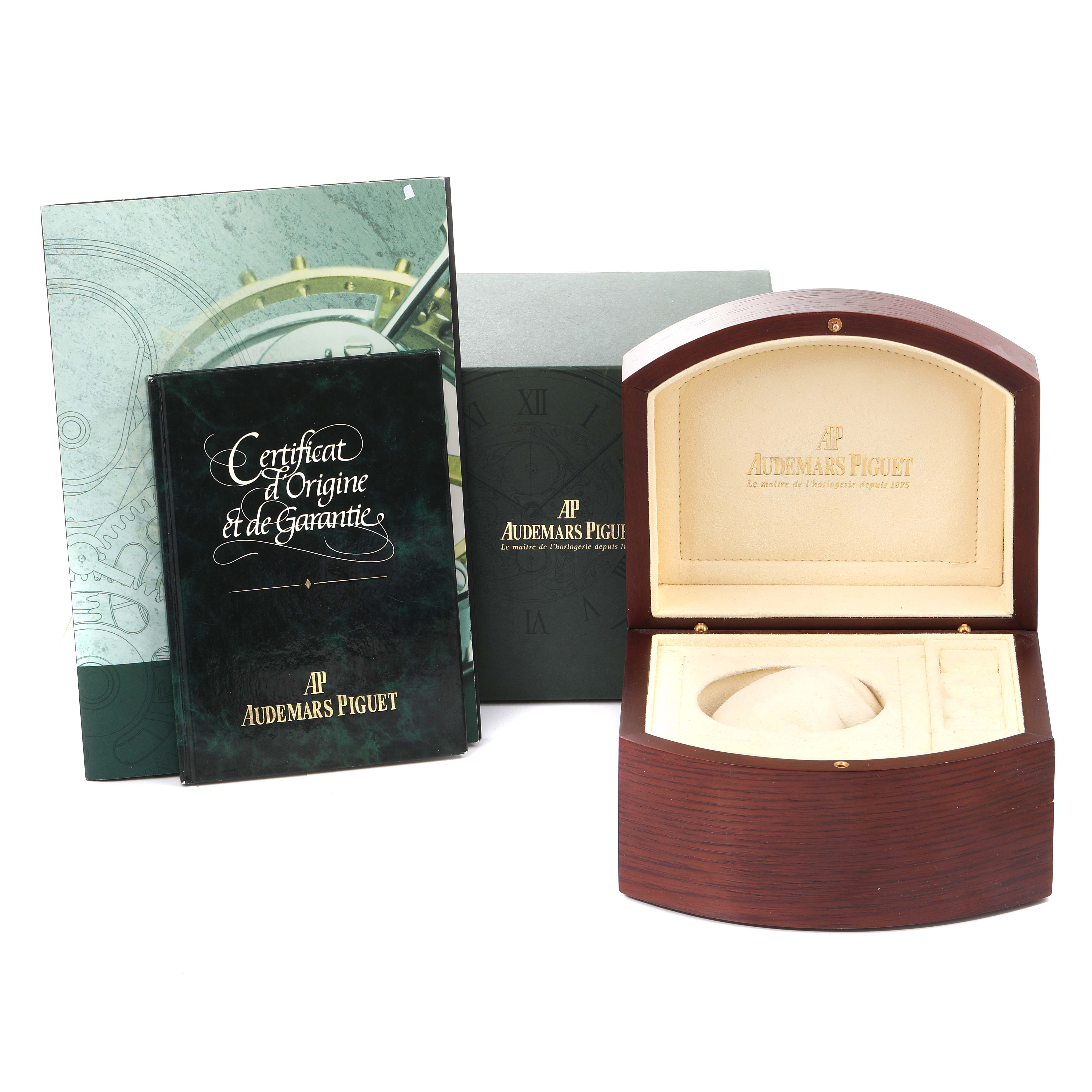 The image shows the storage box and warranty papers for an Audemars Piguet Royal Oak 14800ST Men's Stainless Steel Black Dial 14800ST Men's Stainless Steel Black Dial watch.