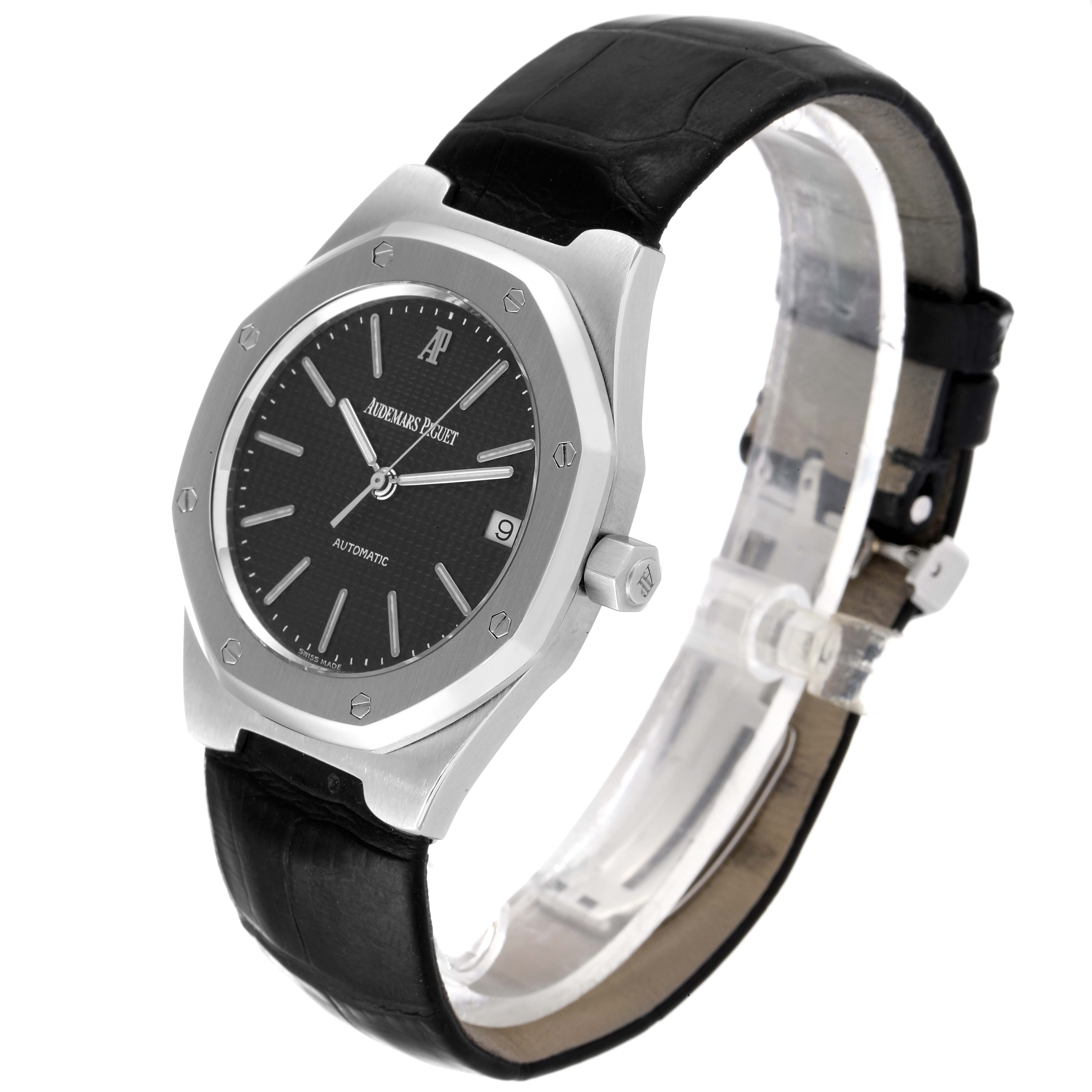 The image shows a side and front view of a Royal Oak model by Audemars Piguet with a black leather strap and black dial.