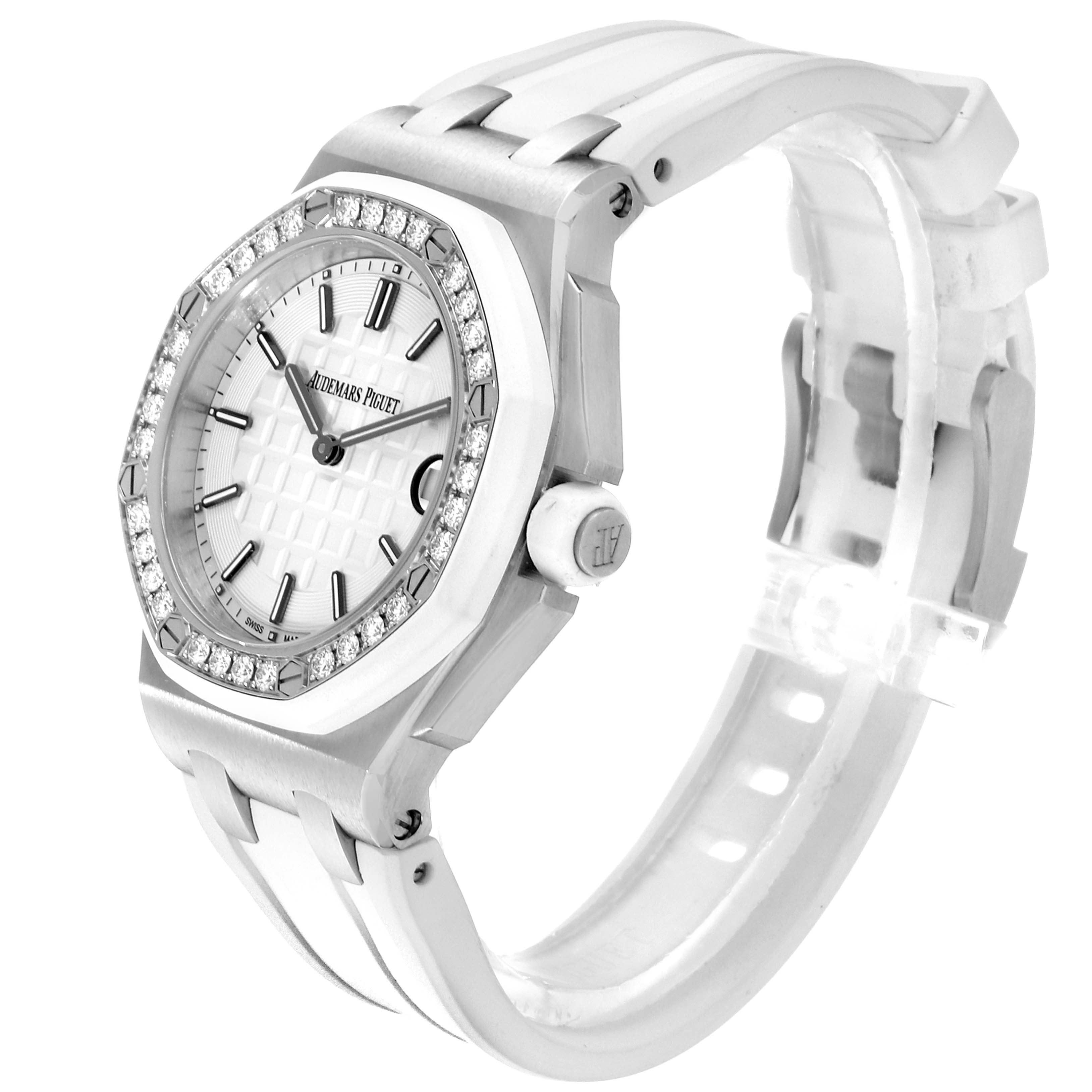 The image shows a side and angled view of a Royal Oak Offshore model by Audemars Piguet, highlighting its bezel, dial, and strap.