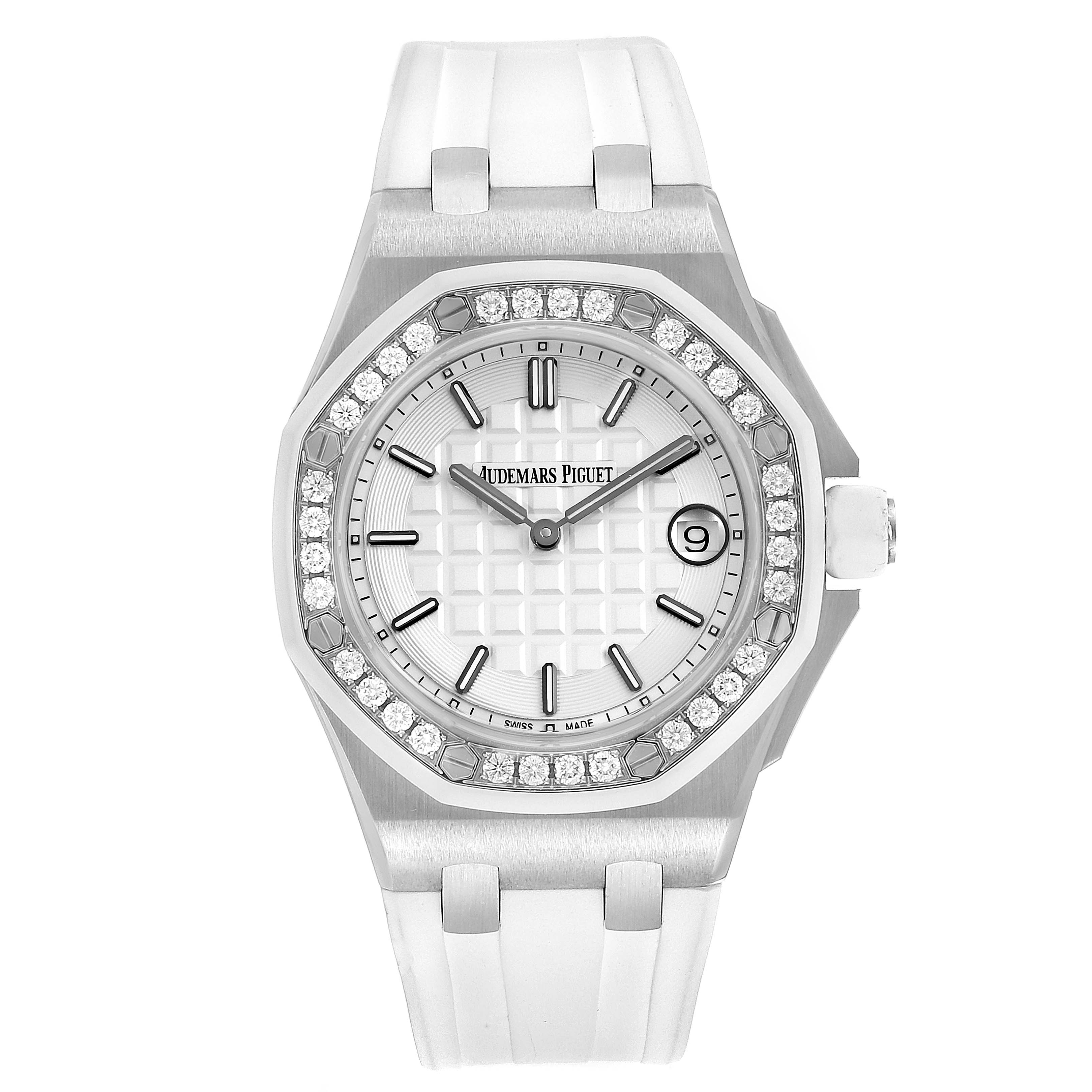 The image shows a front view of the Audemars Piguet Royal Oak Offshore 67540SK.ZZ.A010CA.01 Women's Stainless Steel Silver Dial 67540SK.ZZ.A010CA.01 Women's Stainless Steel Silver Dial watch, highlighting the face, bezel, and strap.