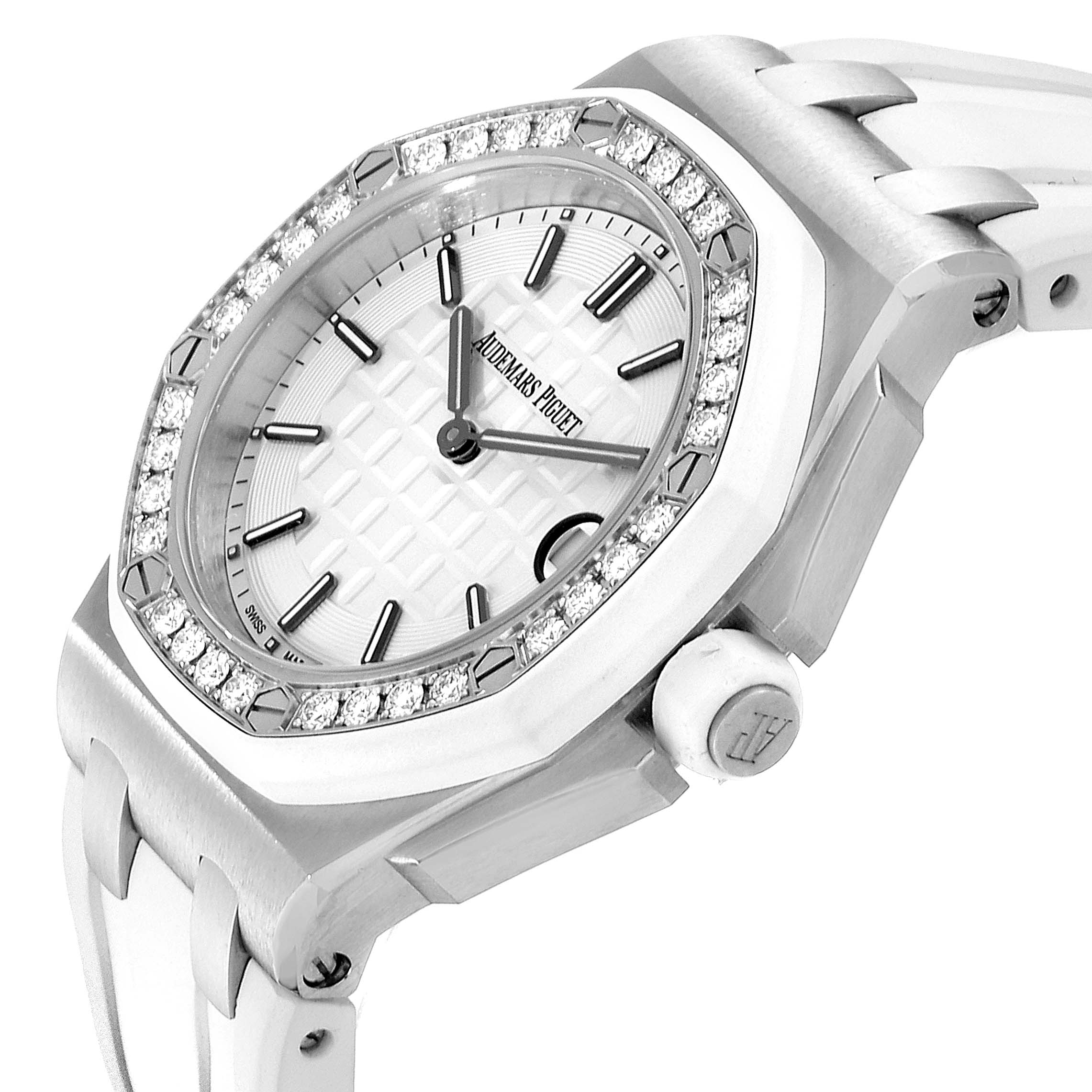 The image shows an angled view of the Audemars Piguet Royal Oak Offshore 67540SK.ZZ.A010CA.01 Women's Stainless Steel Silver Dial 67540SK.ZZ.A010CA.01 Women's Stainless Steel Silver Dial watch, highlighting the dial, bezel, and part of the strap.