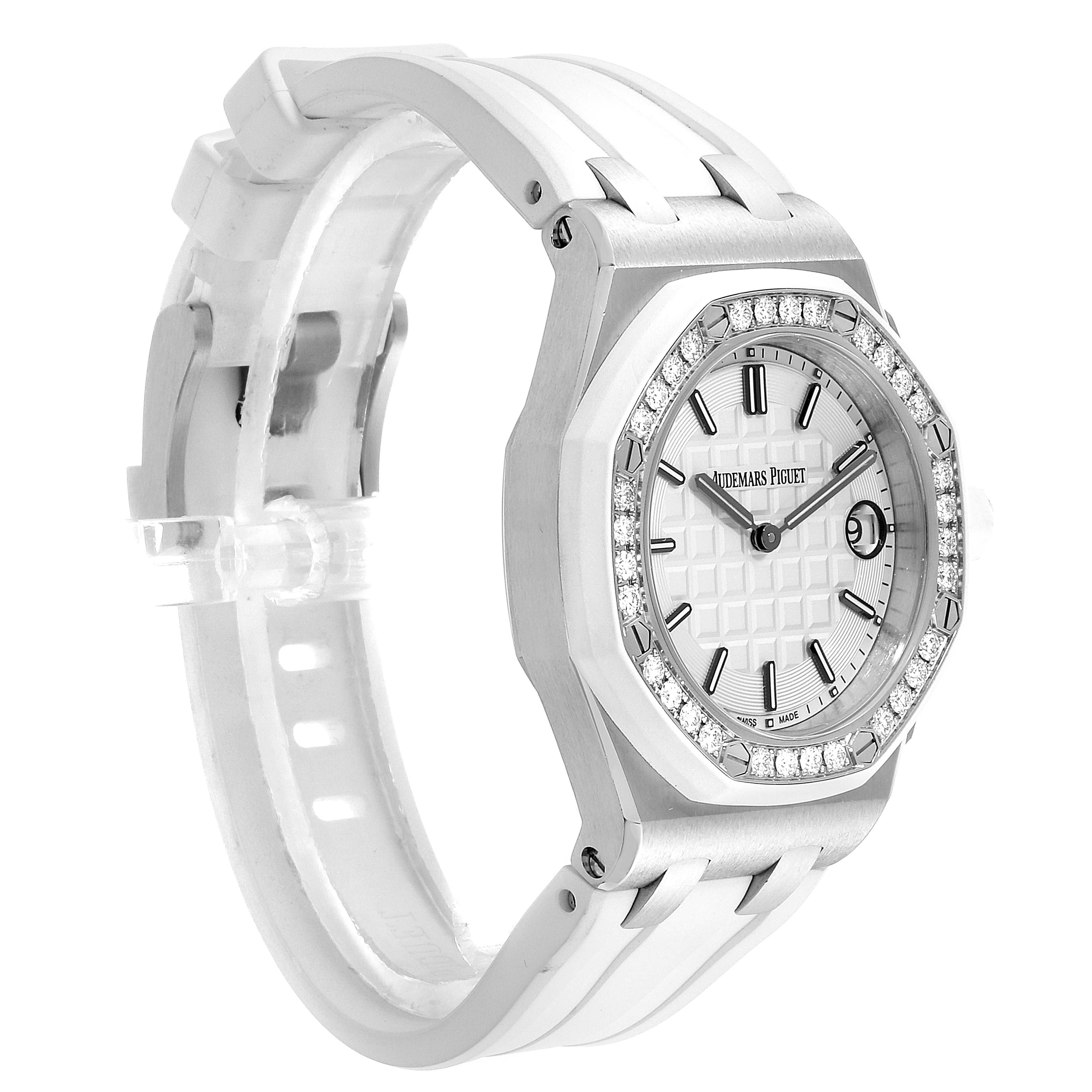 This side-angle view of the Audemars Piguet Royal Oak Offshore 67540SK.ZZ.A010CA.01 Women's Stainless Steel Silver Dial 67540SK.ZZ.A010CA.01 Women's Stainless Steel Silver Dial watch shows the face, bezel, and part of the strap.