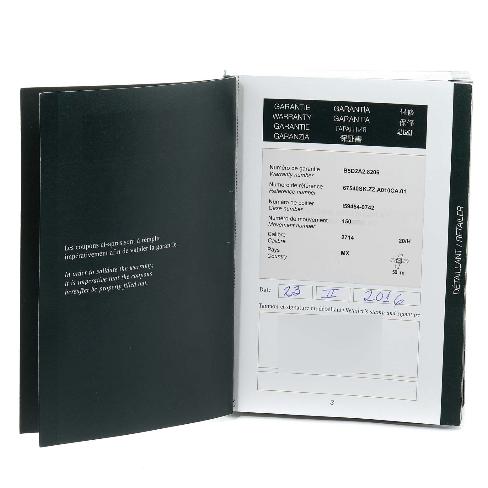 This image shows the warranty and certification booklet for the Audemars Piguet Royal Oak Offshore 67540SK.ZZ.A010CA.01 Women's Stainless Steel Silver Dial 67540SK.ZZ.A010CA.01 Women's Stainless Steel Silver Dial model.