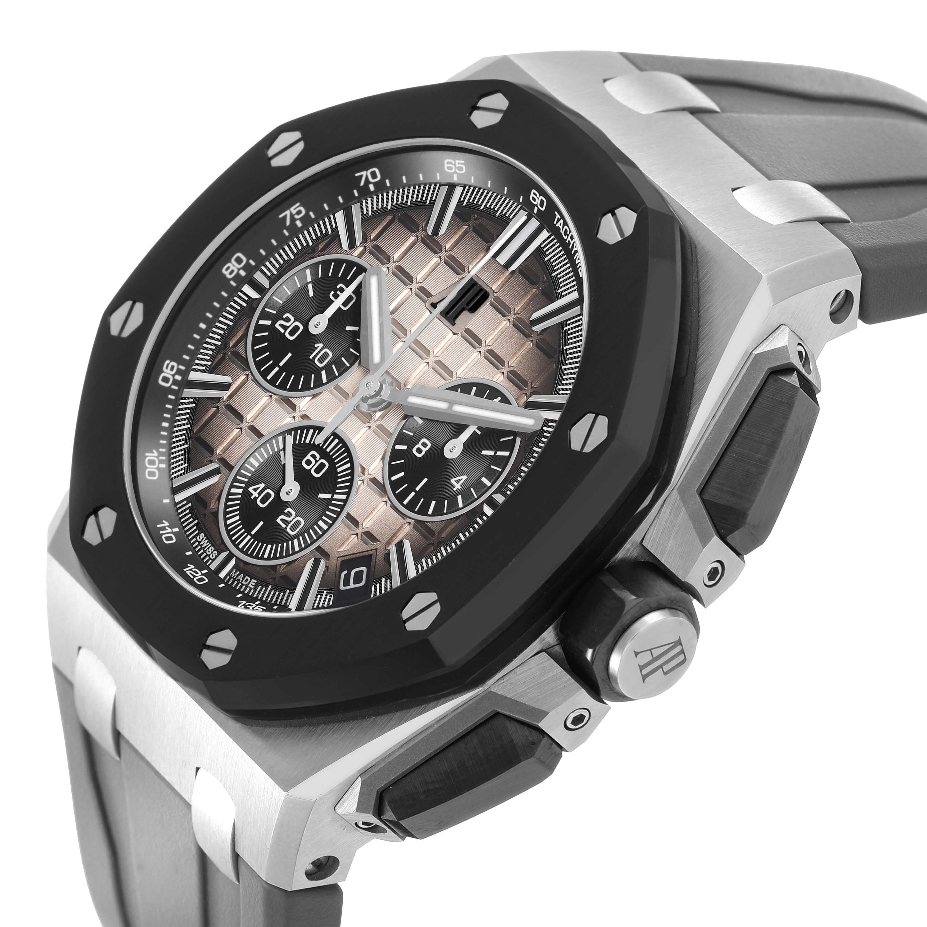 The Audemars Piguet Royal Oak Offshore 26420SO.OO.A600CA.01 Men's Stainless Steel Brown Dial watch is shown at an angled close-up, highlighting the case, bezel, and strap.