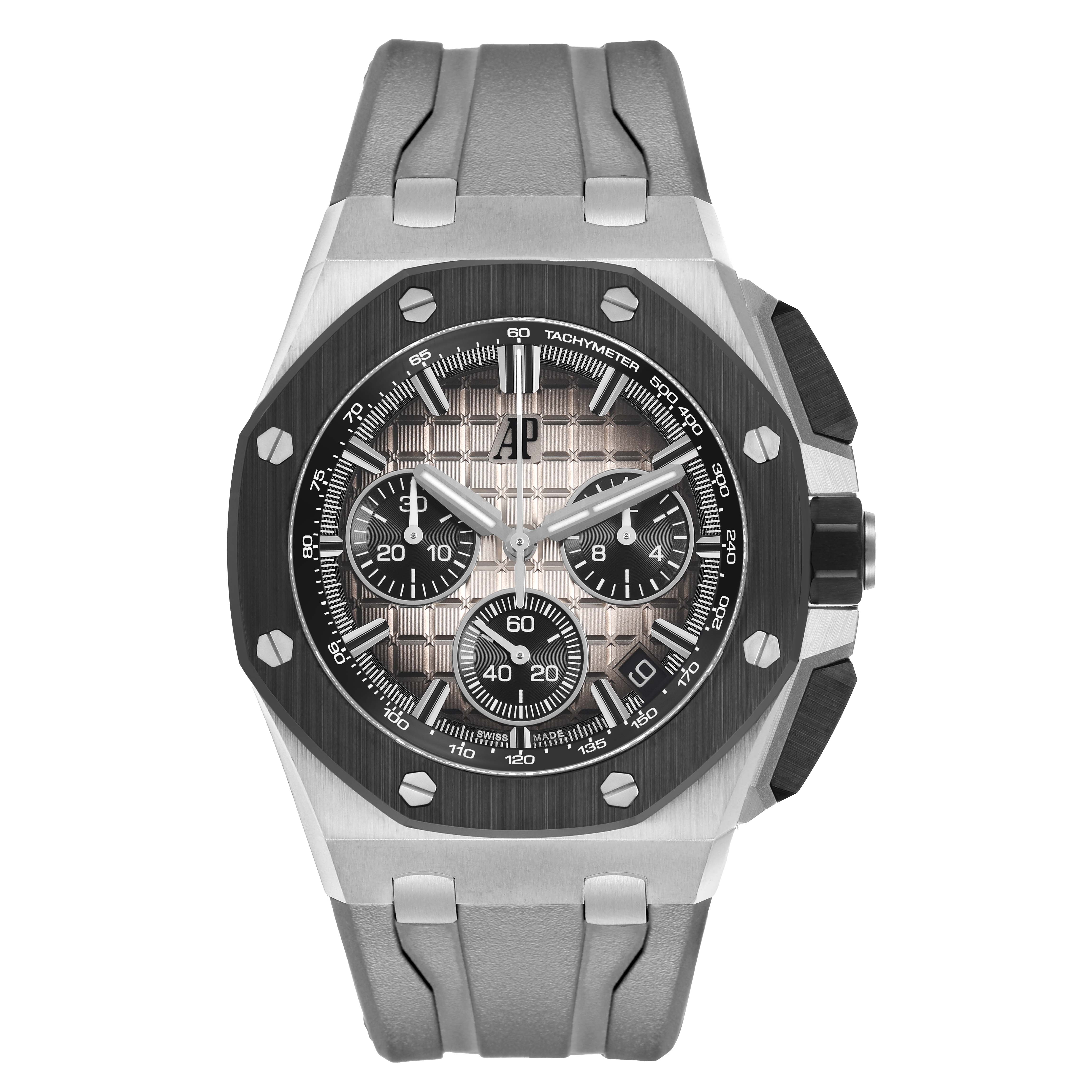 The Audemars Piguet Royal Oak Offshore 26420SO.OO.A600CA.01 Men's Stainless Steel Brown Dial watch is shown from the front, highlighting its face, bezel, and strap.