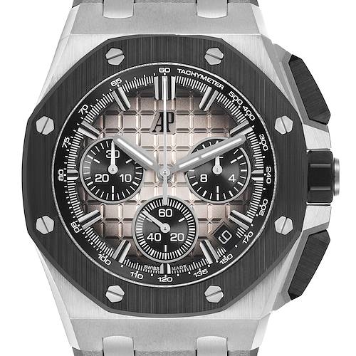 The image shows a front view of an Audemars Piguet Royal Oak Offshore 26420SO.OO.A600CA.01 Men's Stainless Steel Brown Dial watch, displaying its bezel, dial, and subdials.