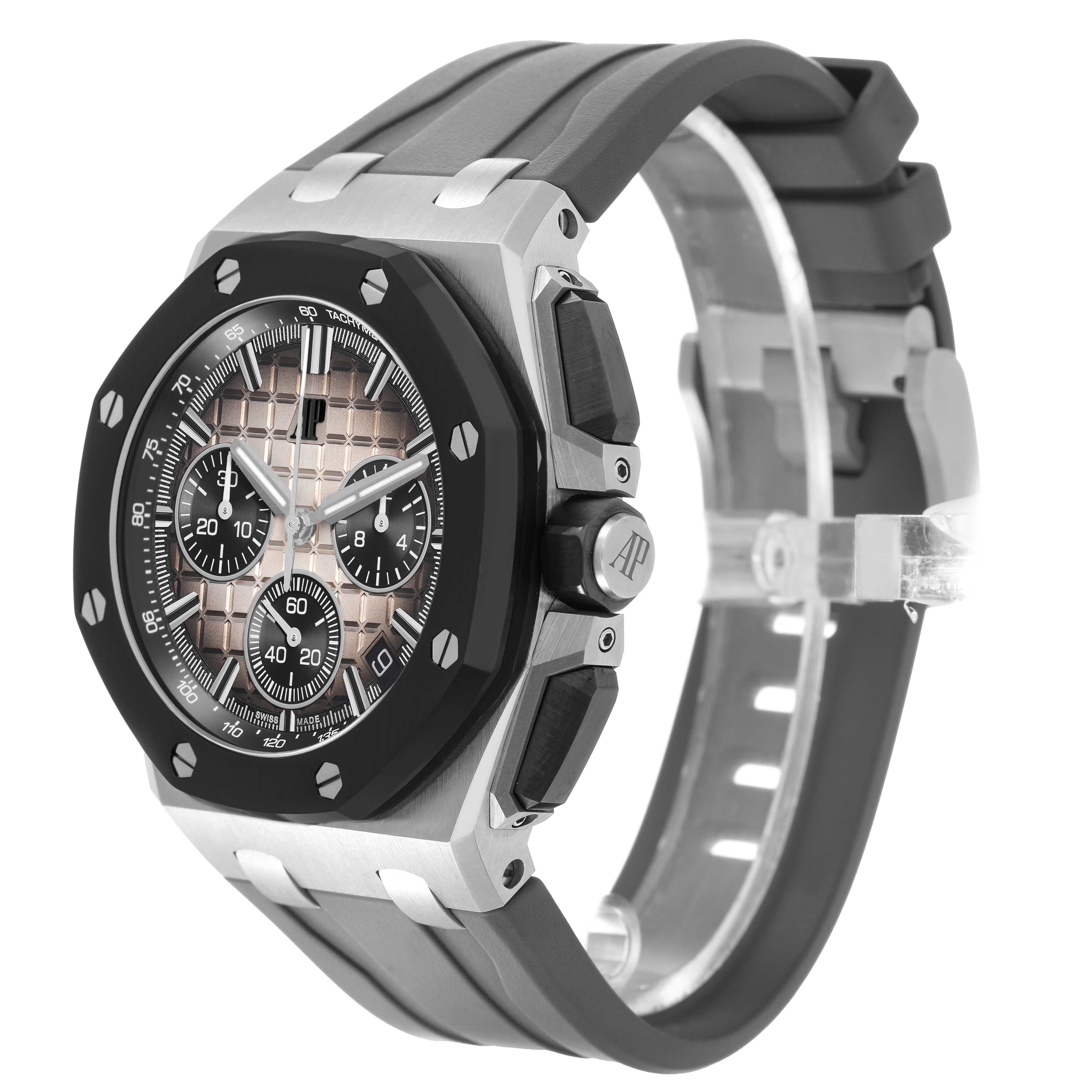 The image shows a side-angle view of the Audemars Piguet Royal Oak Offshore 26420SO.OO.A600CA.01 Men's Stainless Steel Brown Dial, highlighting its bezel, dial, pushers, and strap.