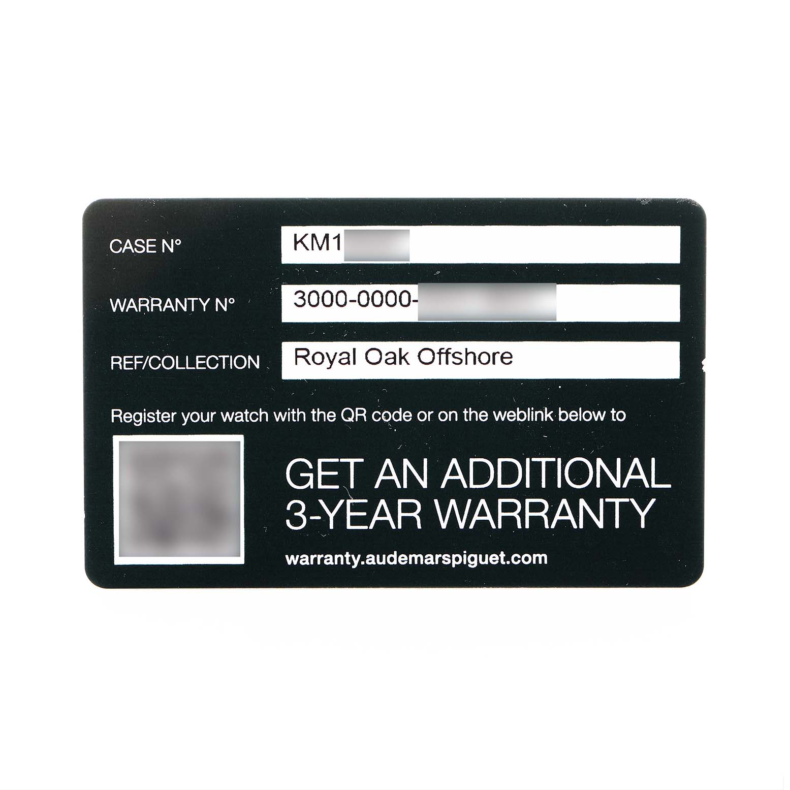 The image shows a warranty card for the Audemars Piguet Royal Oak Offshore 26420SO.OO.A600CA.01 Men's Stainless Steel Brown Dial, displaying case and warranty numbers.