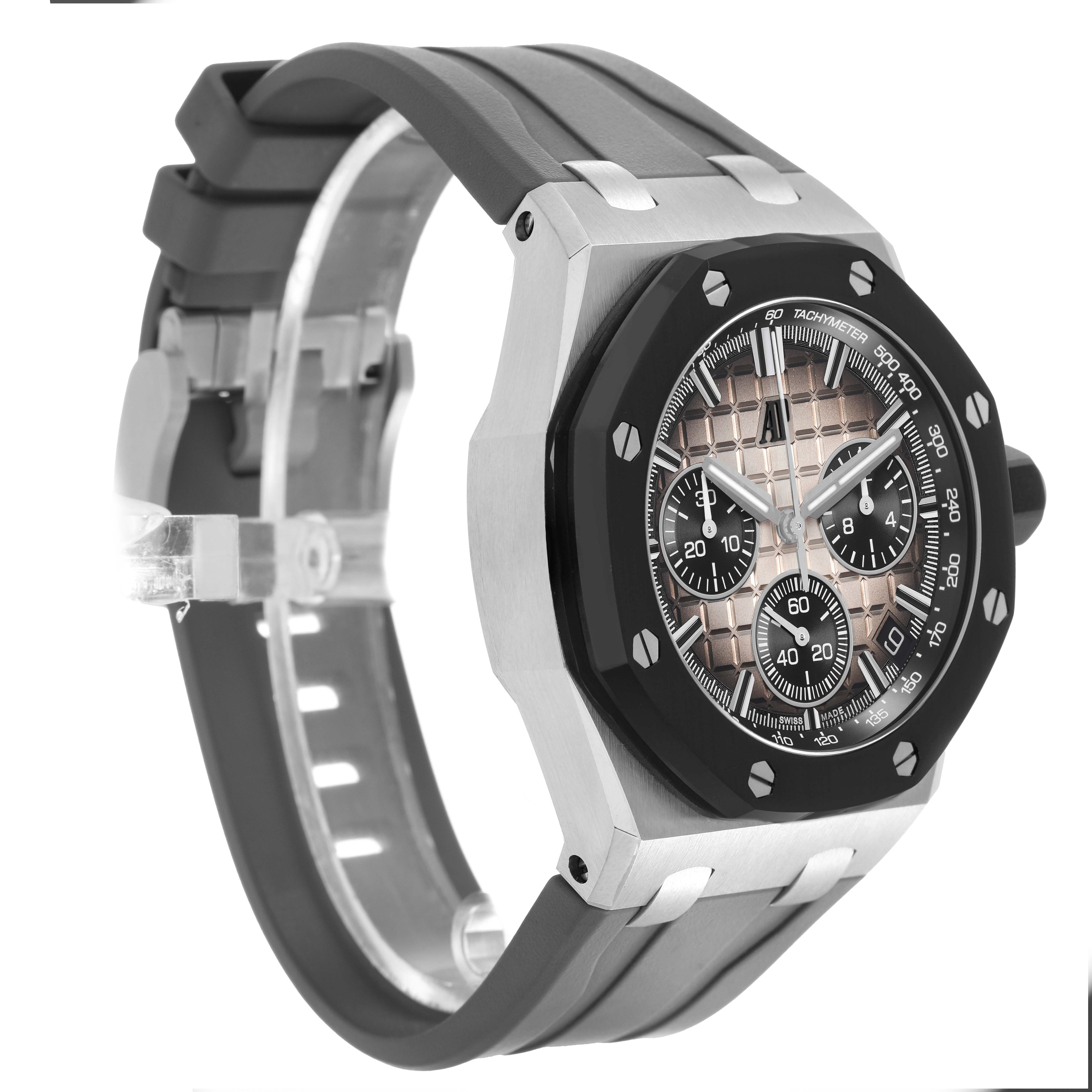 The Audemars Piguet Royal Oak Offshore 26420SO.OO.A600CA.01 Men's Stainless Steel Brown Dial is shown at a three-quarter angle, highlighting the dial, bezel, and strap.