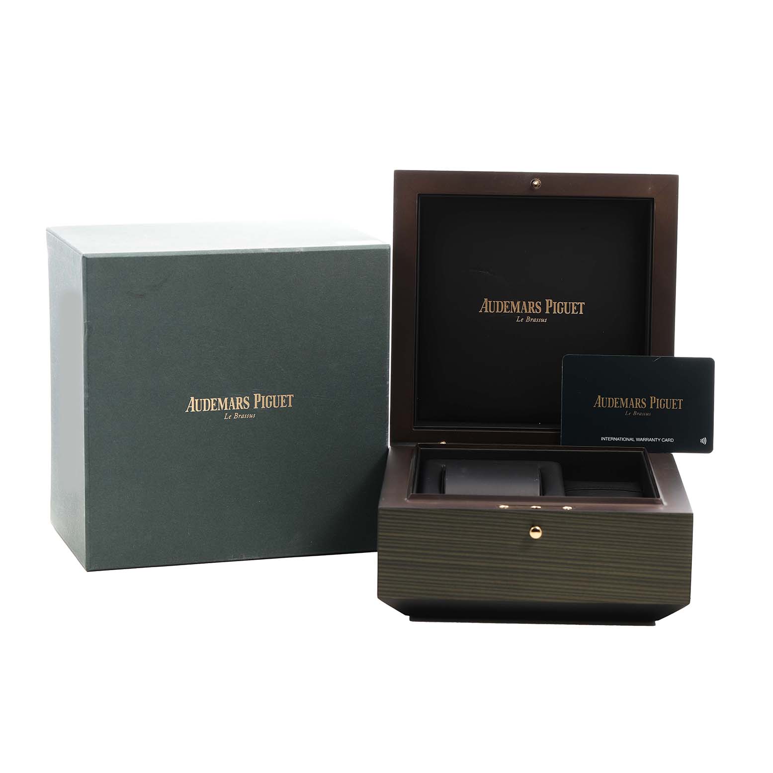 The image shows the open box and packaging for the Audemars Piguet Royal Oak Offshore 26420SO.OO.A600CA.01 Men's Stainless Steel Brown Dial watch, including an international warranty card.