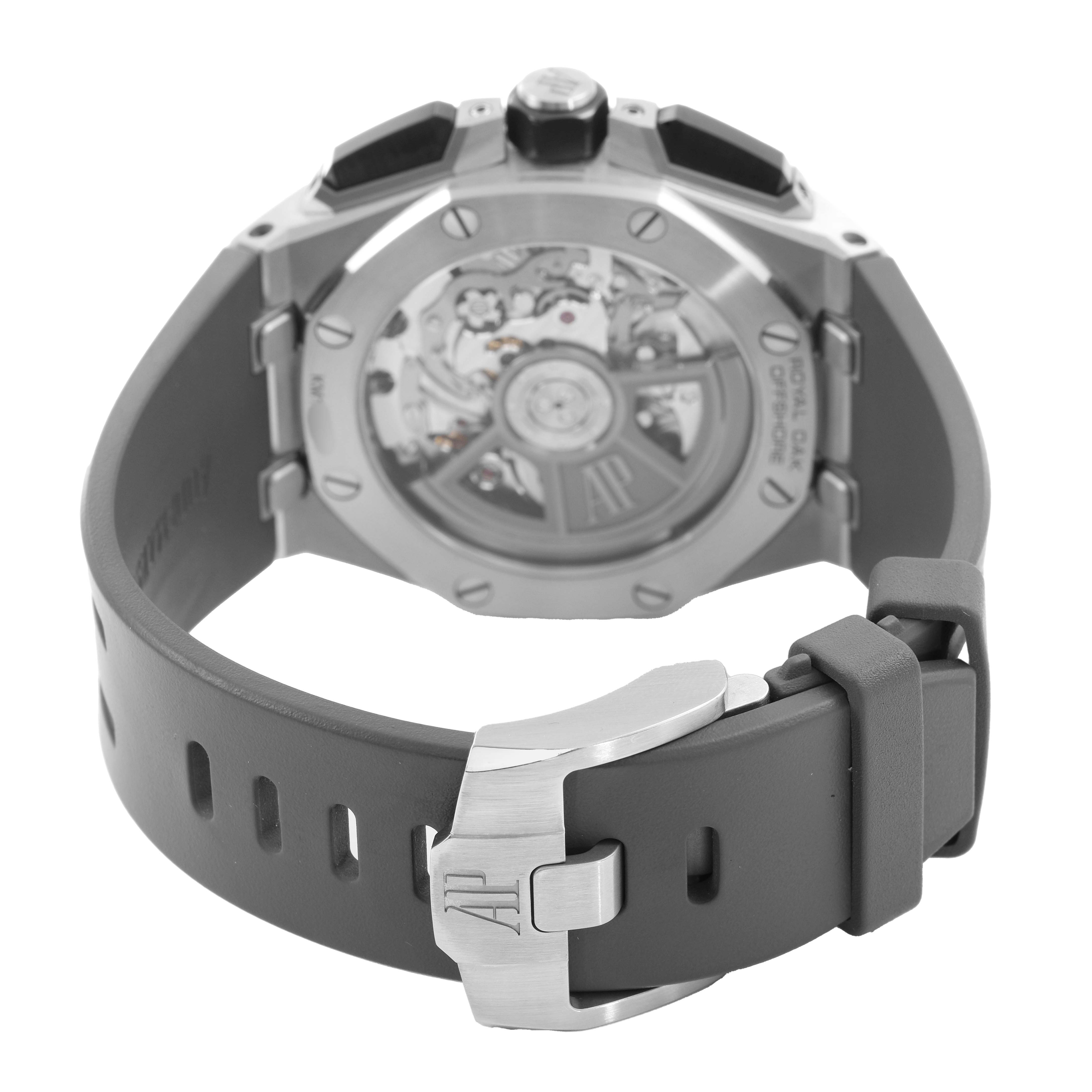 The image shows the Audemars Piguet Royal Oak Offshore 26420SO.OO.A600CA.01 Men's Stainless Steel Brown Dial's case back and clasp from a rear angle.