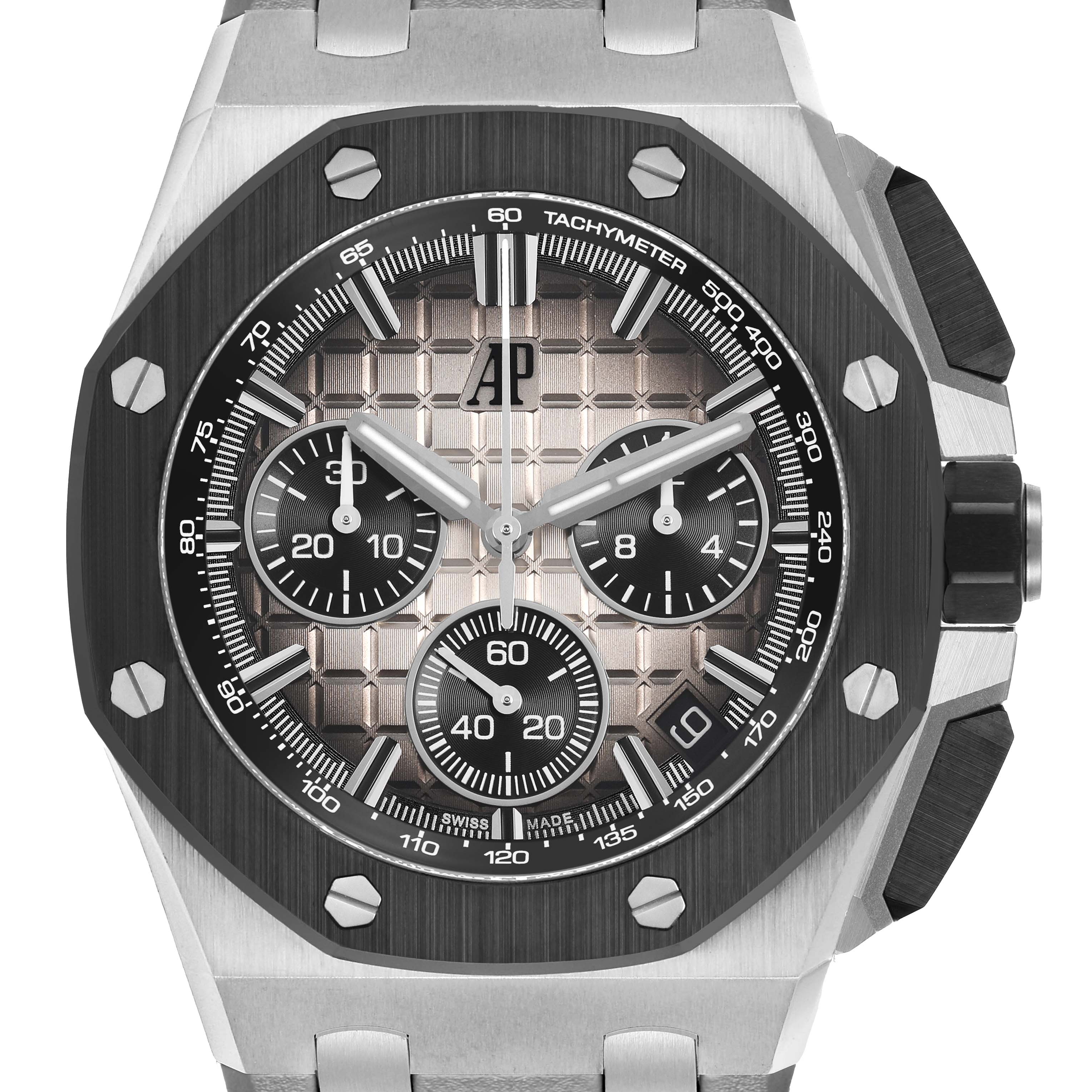 The image shows a front view of an Audemars Piguet Royal Oak Offshore 26420SO.OO.A600CA.01 Men's Stainless Steel Brown Dial, highlighting its dial, bezel, and chronograph features.