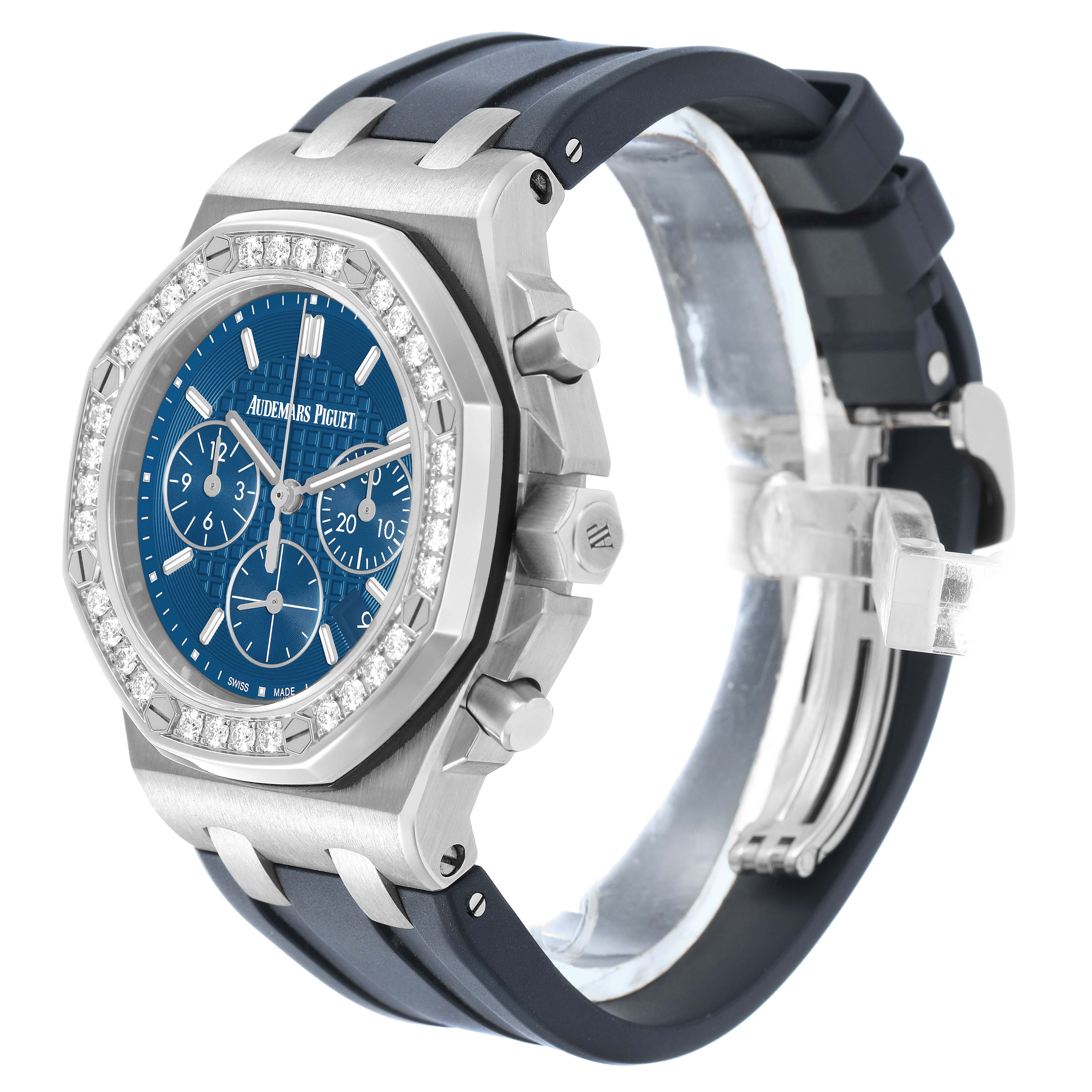 The Audemars Piguet Royal Oak Offshore 26231ST.ZZ.D027CA.01 Women's Stainless Steel Blue Dial watch is shown at a slight side angle, highlighting the bezel, dial, crown, pushers, and strap.