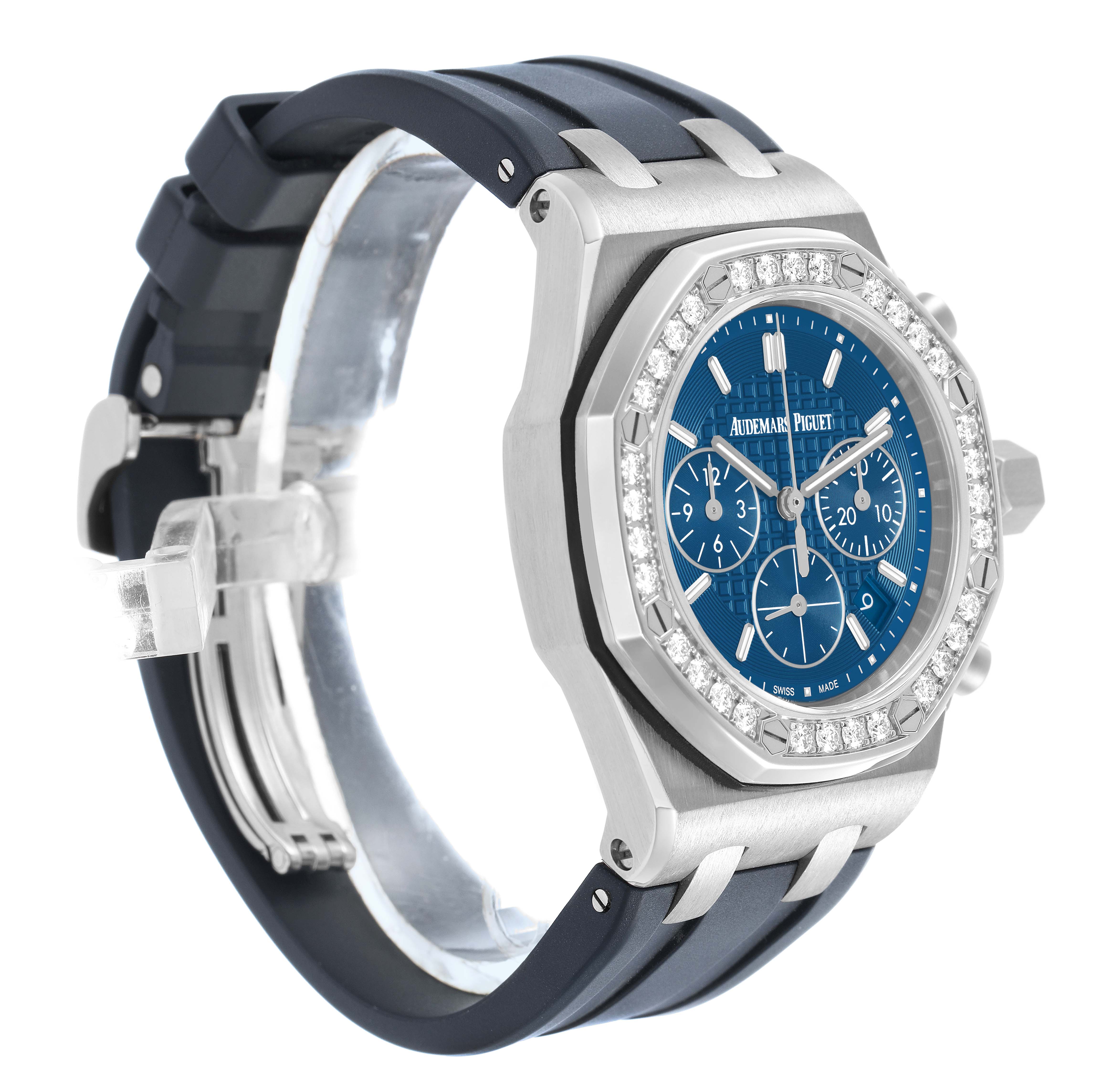 The image shows a side angle of the Audemars Piguet Royal Oak Offshore 26231ST.ZZ.D027CA.01 Women's Stainless Steel Blue Dial, highlighting the bezel, dial, pushers, and strap.