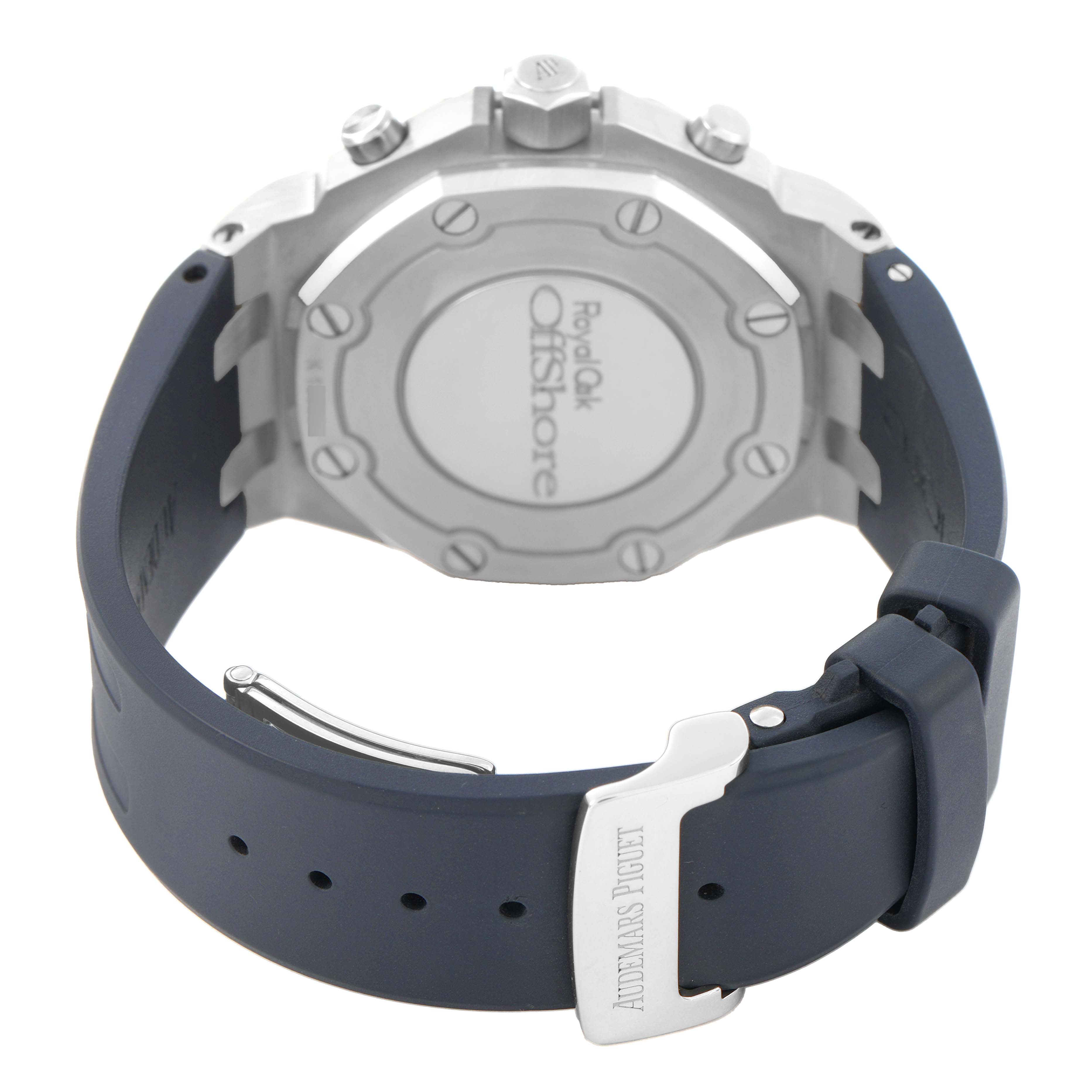 The image shows the back view of the Audemars Piguet Royal Oak Offshore 26231ST.ZZ.D027CA.01 Women's Stainless Steel Blue Dial watch, focusing on the case back and clasp.