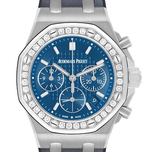 The Audemars Piguet Royal Oak Offshore 26231ST.ZZ.D027CA.01 Womens Stainless Steel Blue Dial watch is shown from the front, highlighting its diamond-set bezel, blue dial, and subdials.