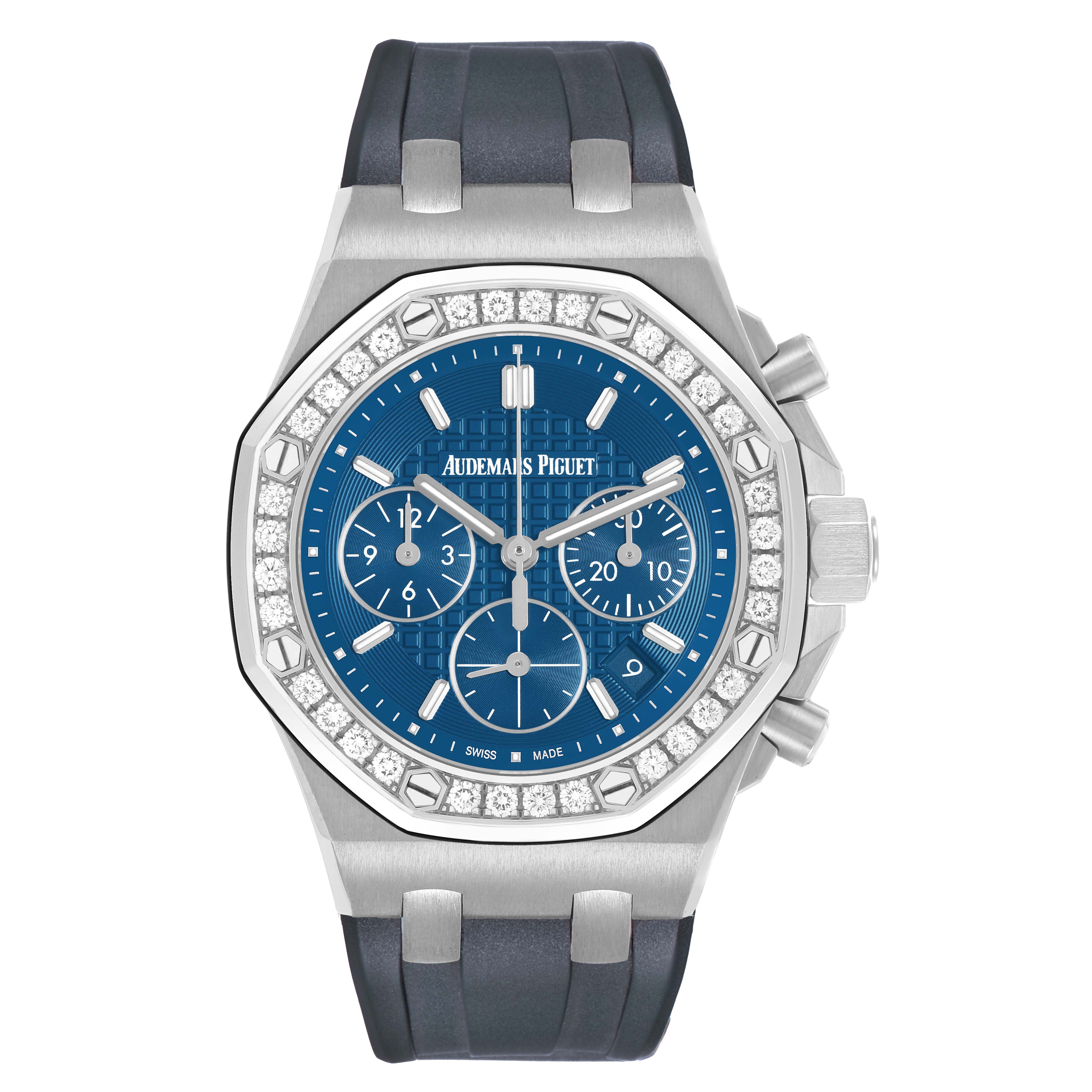 The Audemars Piguet Royal Oak Offshore 26231ST.ZZ.D027CA.01 Women's Stainless Steel Blue Dial is shown from the front, highlighting the blue dial, diamond bezel, and rubber strap.