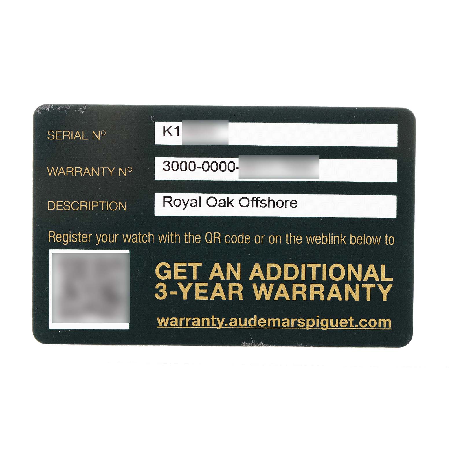 The image shows a warranty card for the Audemars Piguet Royal Oak Offshore 26231ST.ZZ.D027CA.01 Women's Stainless Steel Blue Dial model.