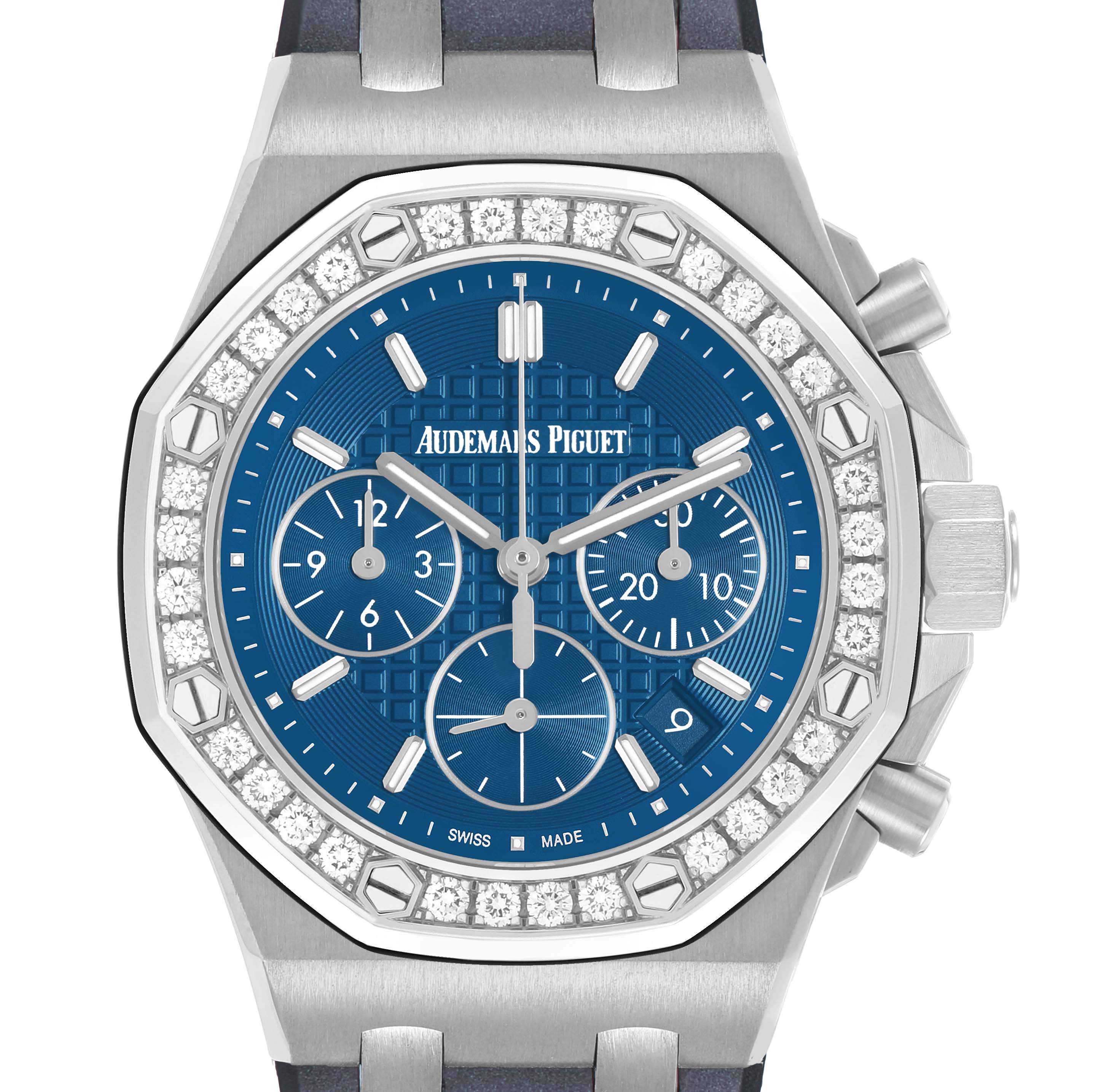 The Audemars Piguet Royal Oak Offshore 26231ST.ZZ.D027CA.01 Women's Stainless Steel Blue Dial watch is shown from the front, featuring a blue dial, diamond bezel, and visible pushers.