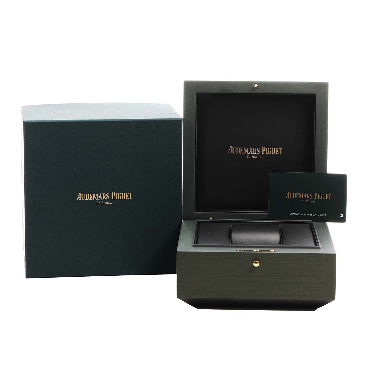 The image shows the packaging for an Audemars Piguet Royal Oak Offshore 15720ST.OO.A403CA.01 Men's Stainless Steel Blue Dial, including the watch box, outer box, and warranty card.