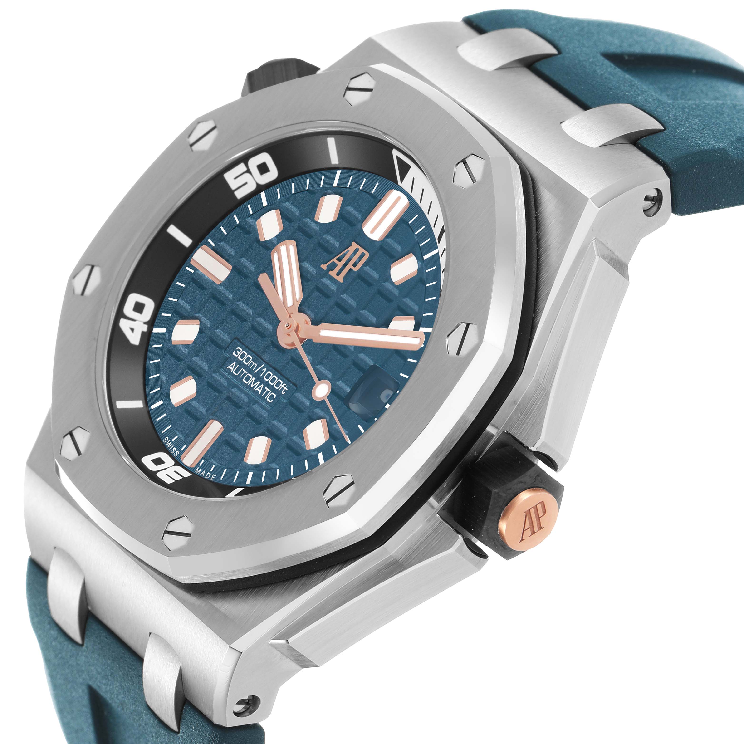 The image shows a side angle of the Audemars Piguet Royal Oak Offshore 15720ST.OO.A403CA.01 Men's Stainless Steel Blue Dial, featuring its bezel, blue dial, and blue strap.