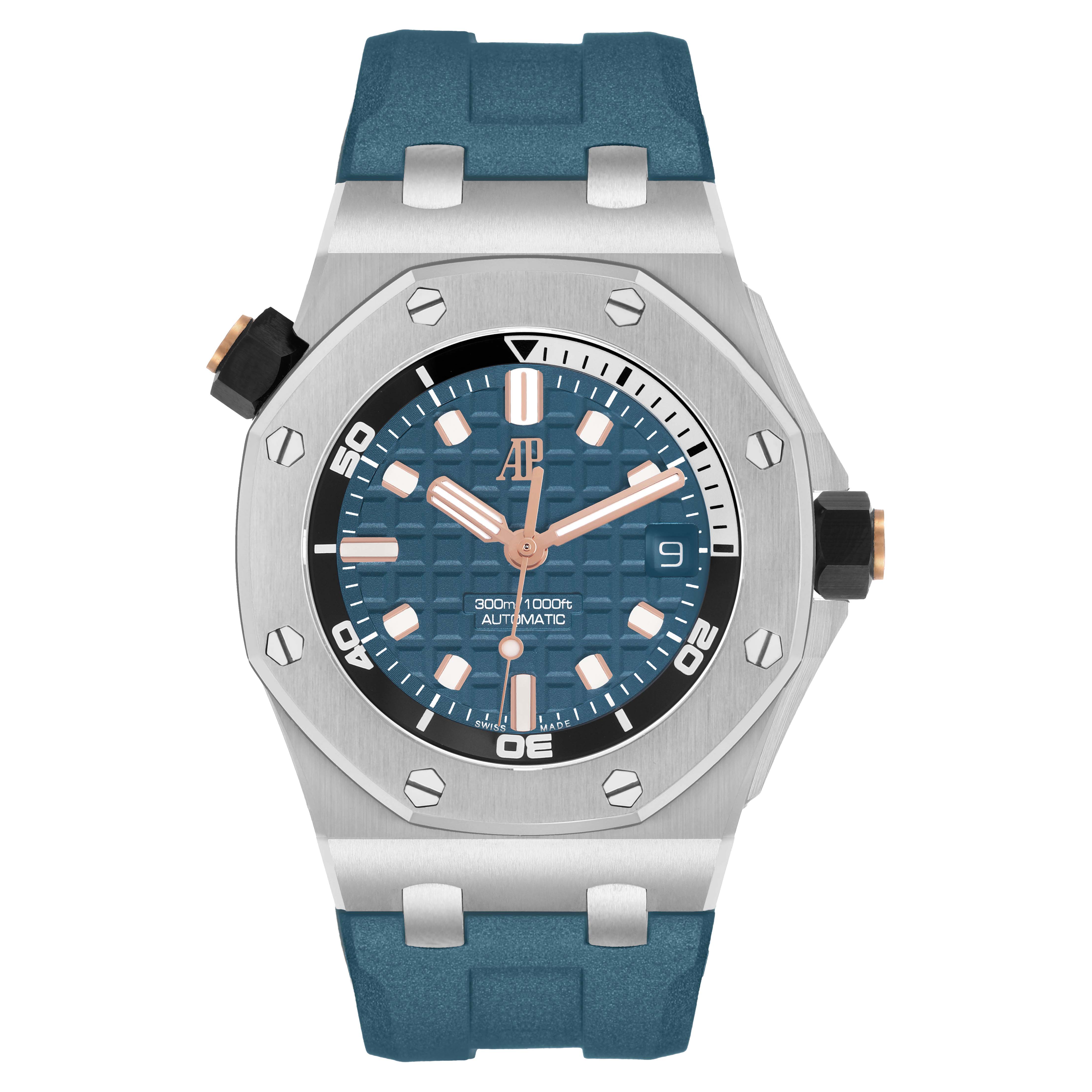 The image shows a front view of the Audemars Piguet Royal Oak Offshore 15720ST.OO.A403CA.01 Men's Stainless Steel Blue Dial, highlighting its bezel, dial, and strap.