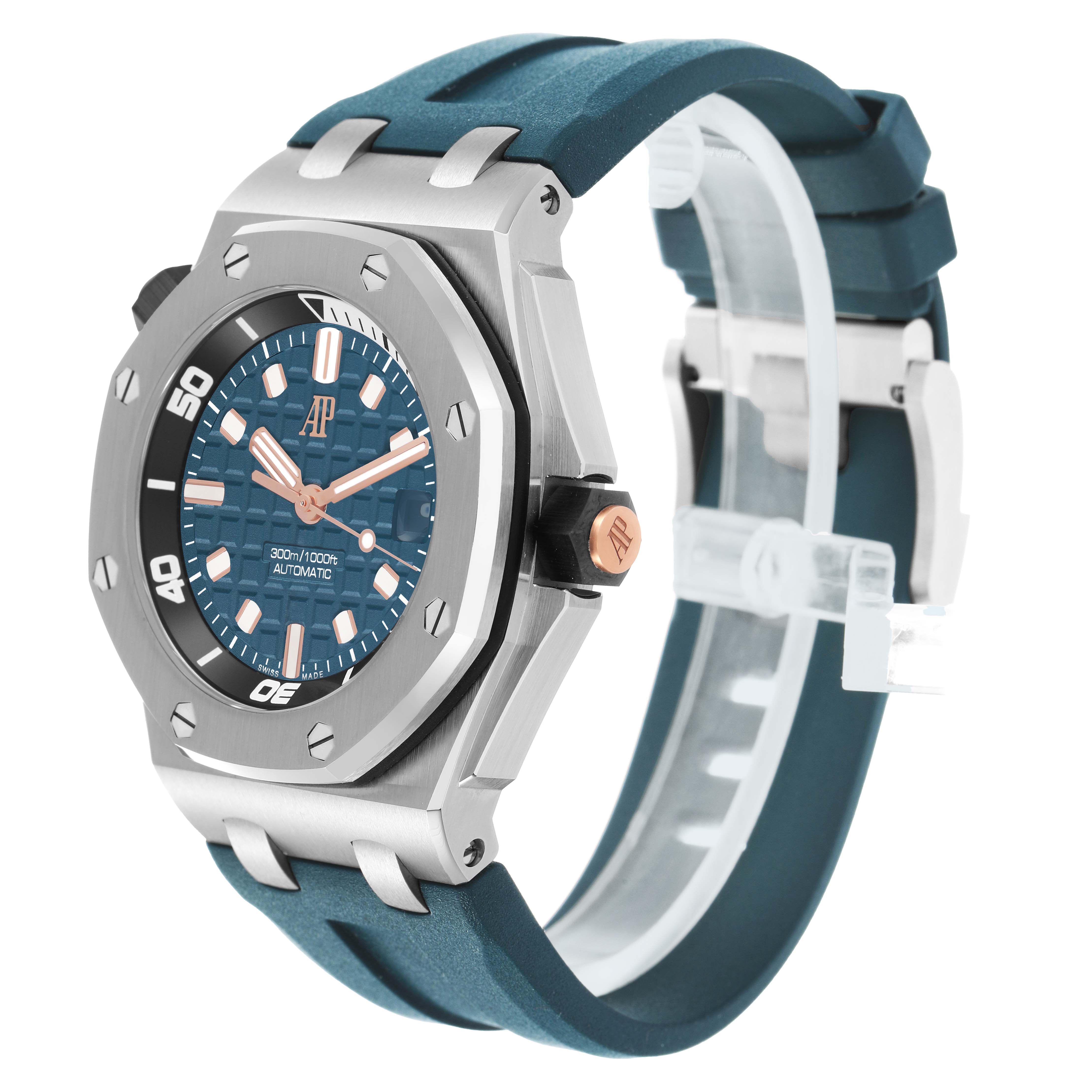 The Audemars Piguet Royal Oak Offshore 15720ST.OO.A403CA.01 Men's Stainless Steel Blue Dial is shown at a three-quarter angle, highlighting its blue dial, bezel, crown, and strap.