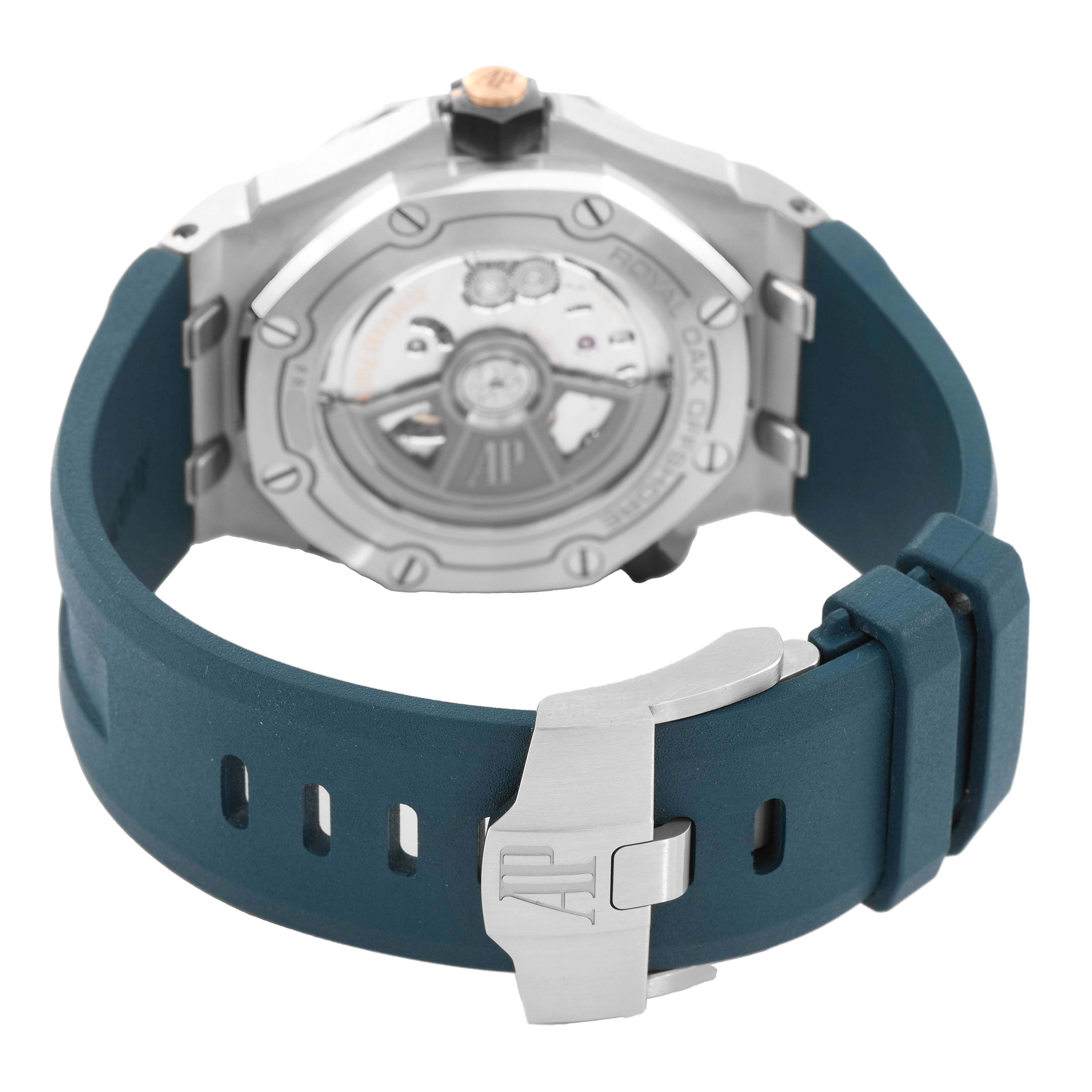 The image shows the back and clasp of a Royal Oak Offshore by Audemars Piguet, highlighting the case back and band.