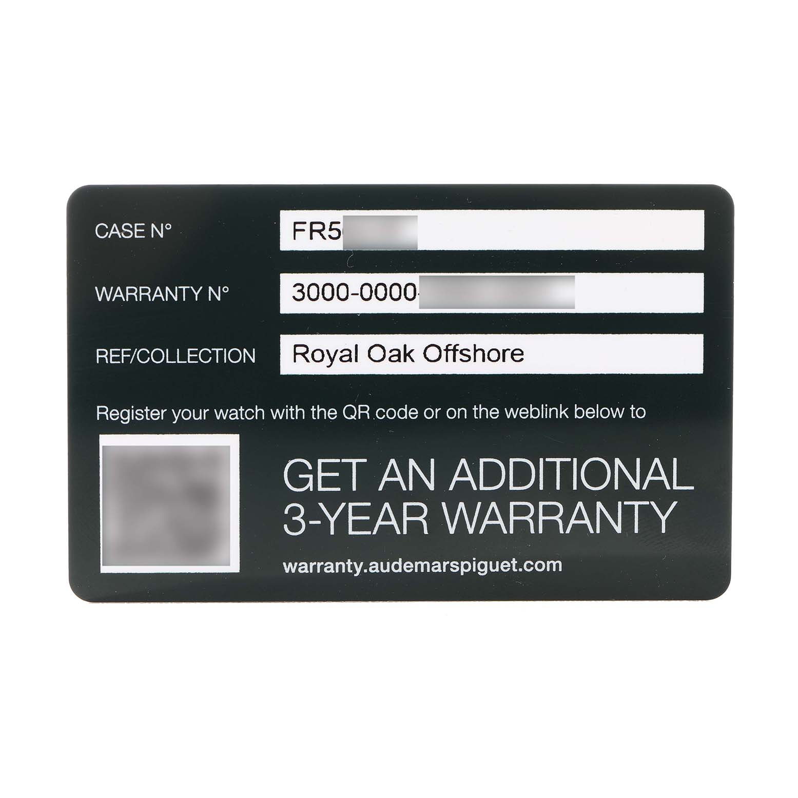 The image shows a warranty card for an Audemars Piguet Royal Oak Offshore 15720ST.OO.A403CA.01 Men's Stainless Steel Blue Dial watch, displaying the case number and warranty number.