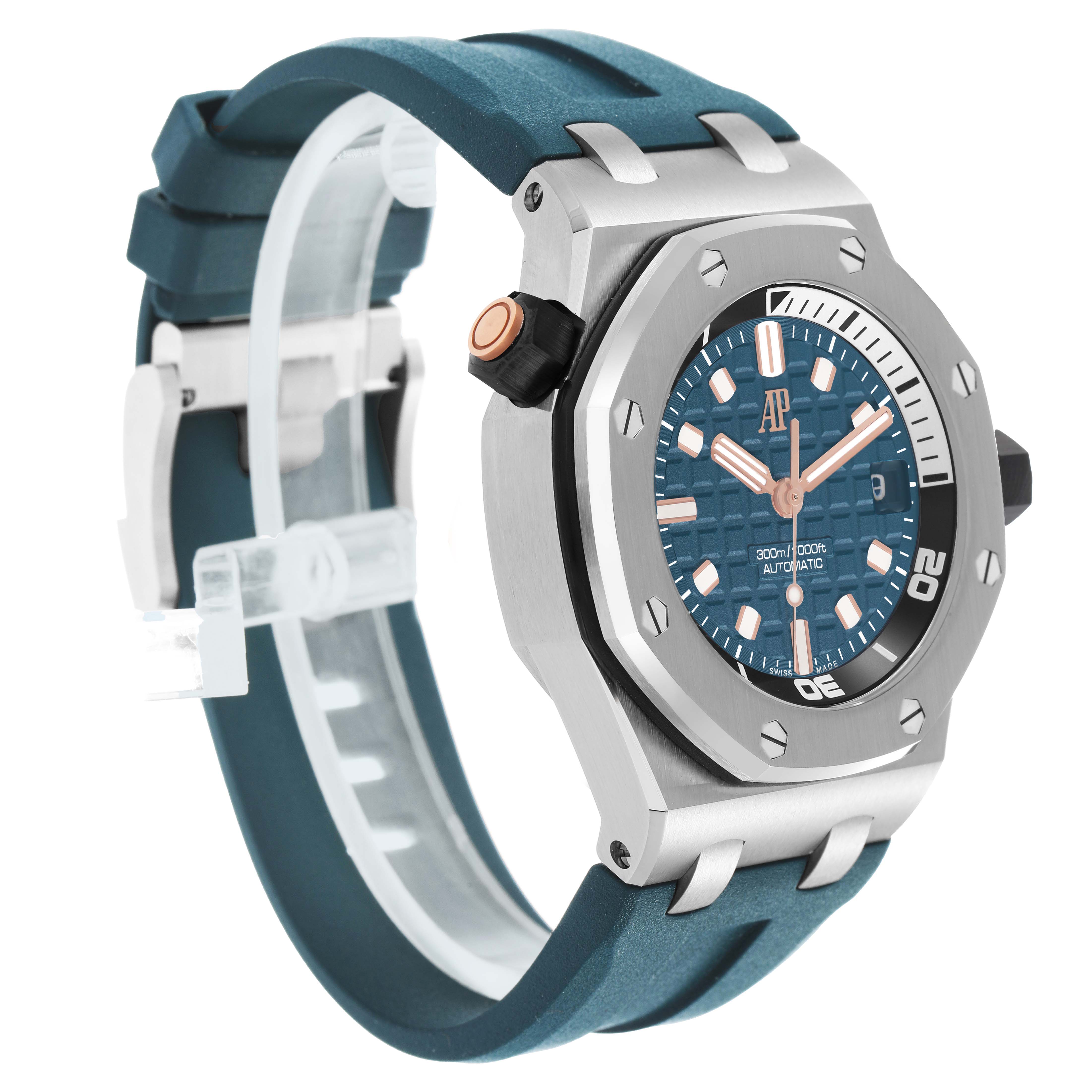 The image shows a side-angle view of the Audemars Piguet Royal Oak Offshore 15720ST.OO.A403CA.01 Men's Stainless Steel Blue Dial, highlighting its blue dial, bezel, and strap.
