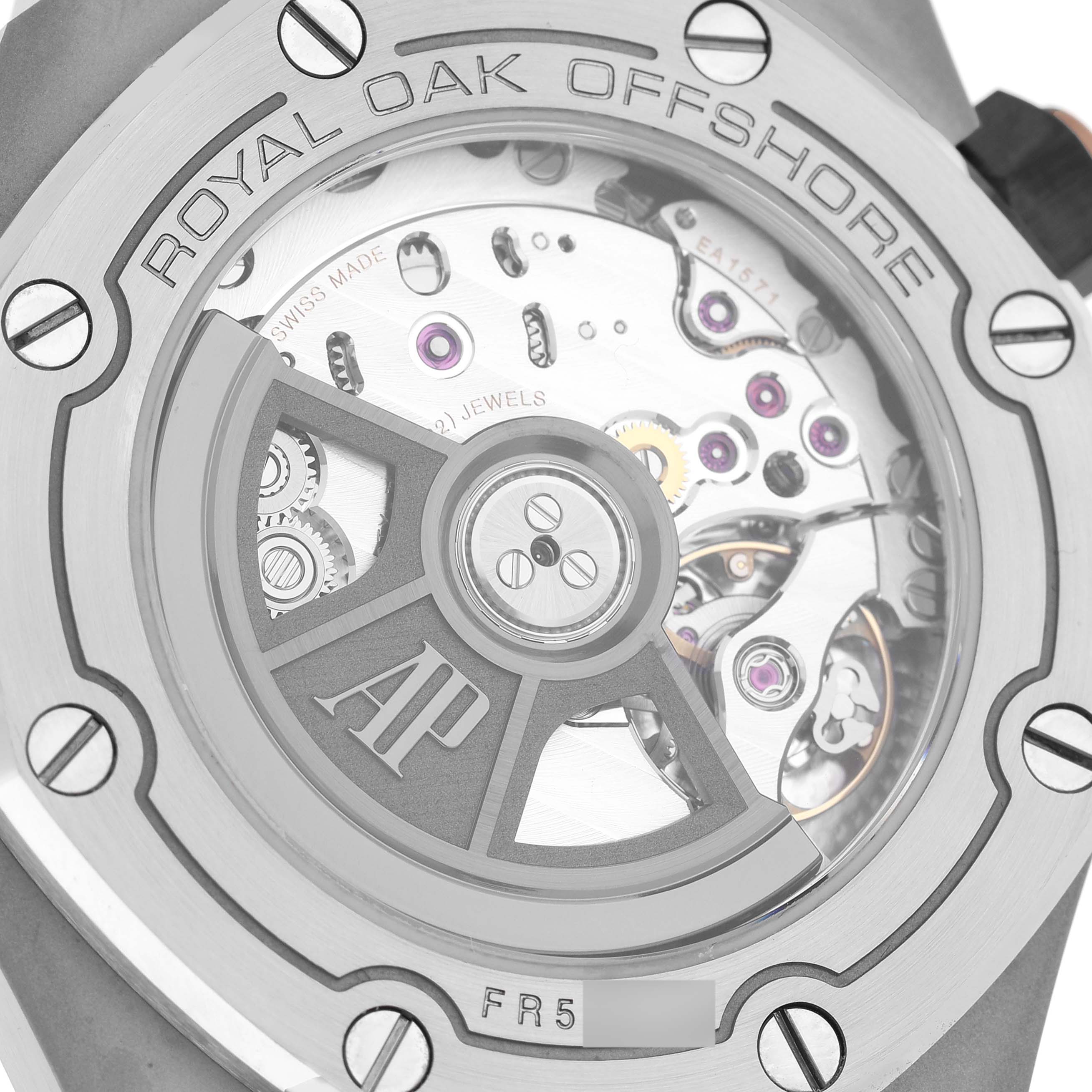 The image shows the back of an Audemars Piguet Royal Oak Offshore 15720ST.OO.A403CA.01 Men's Stainless Steel Blue Dial, featuring its open caseback and visible movement.