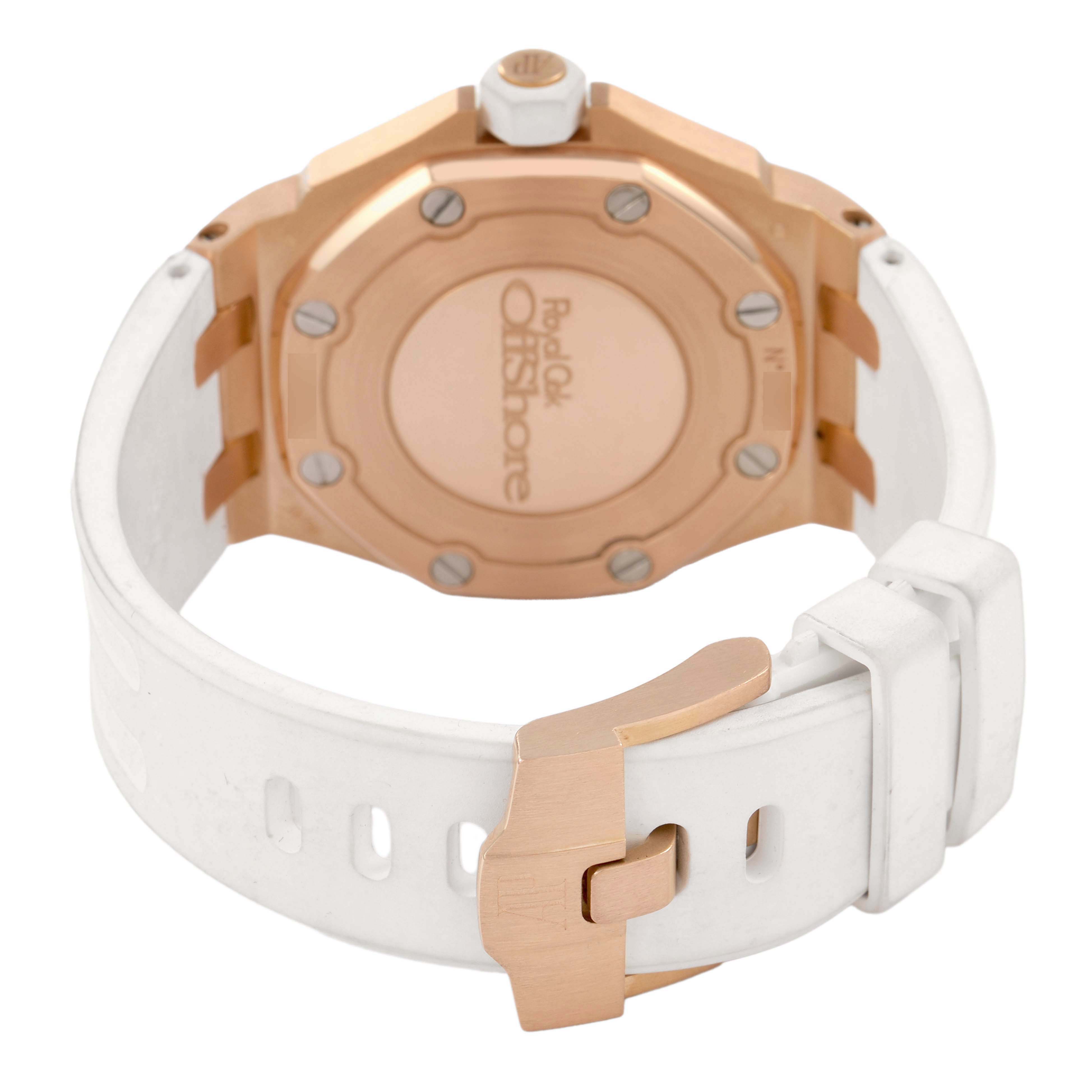 The image shows the back of the Royal Oak Offshore by Audemars Piguet, highlighting its case back and white strap with a clasp.