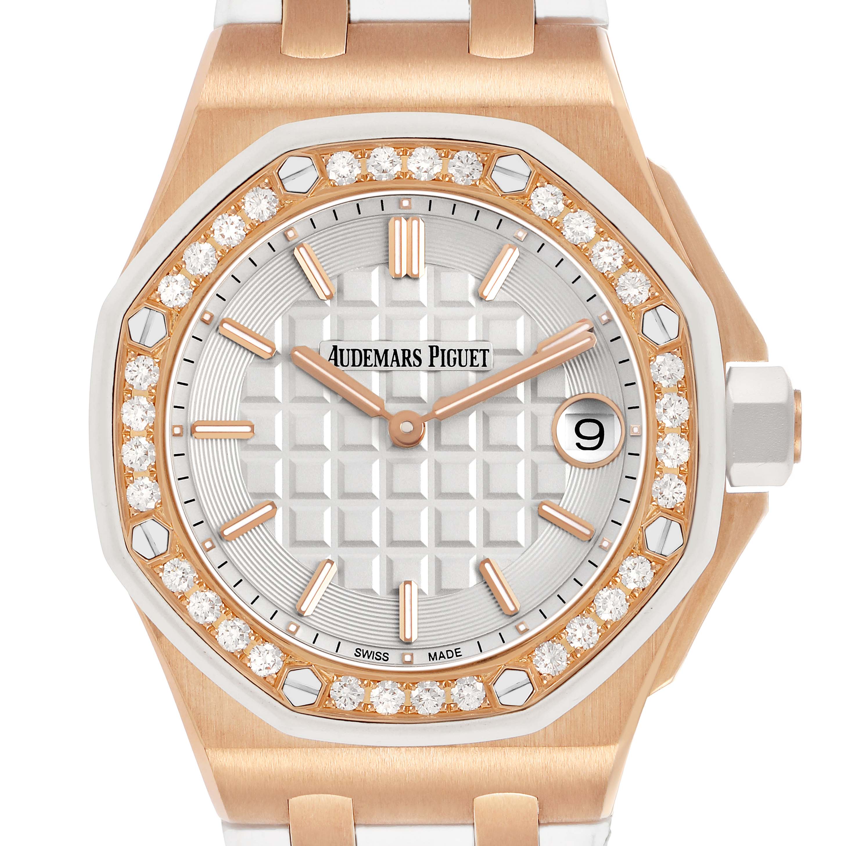 The Audemars Piguet Royal Oak Offshore 67540OK.ZZ.A010CA.01 Women's Rose Gold Silver Dial watch is shown from the front, highlighting its dial, bezel, and crown.