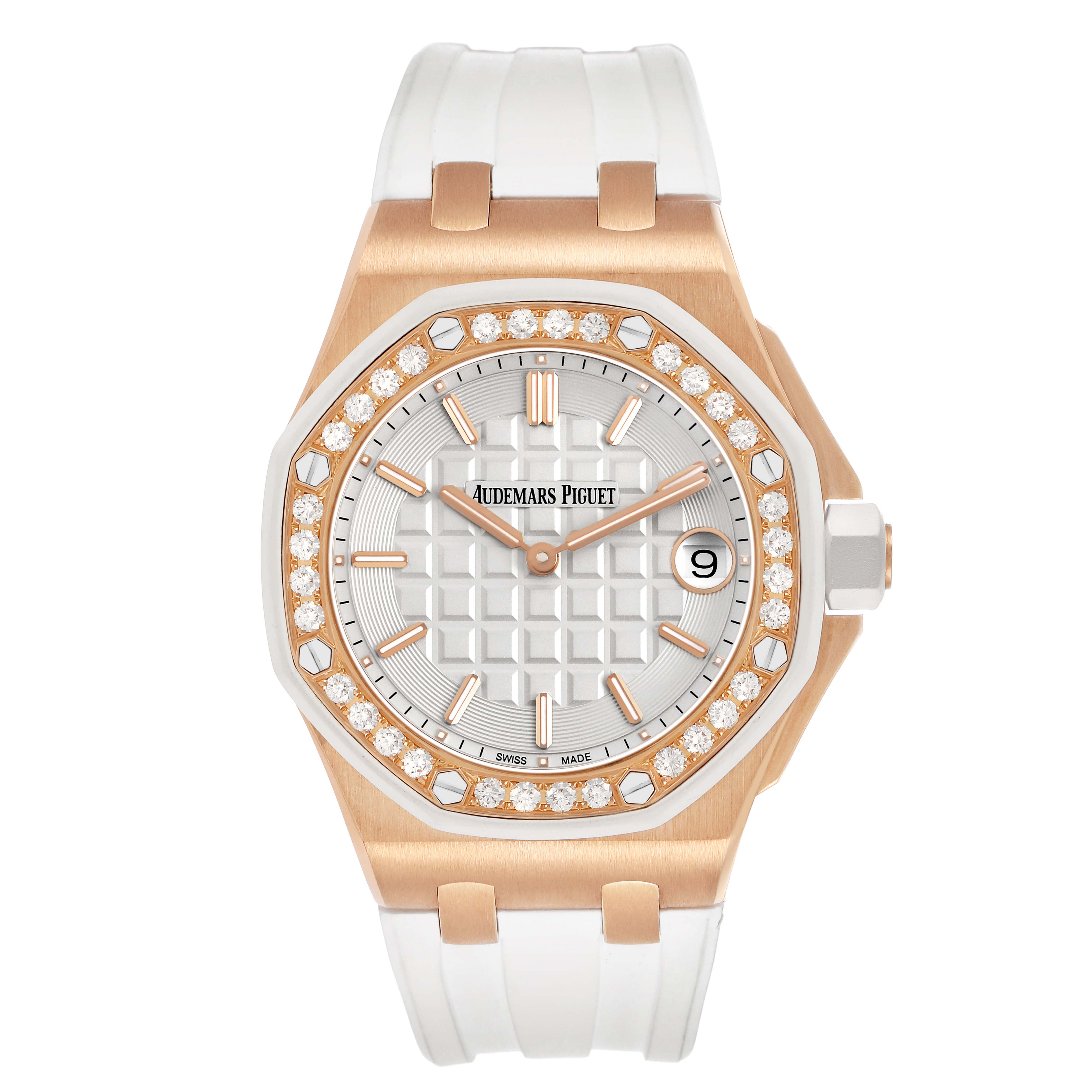 The Audemars Piguet Royal Oak Offshore 67540OK.ZZ.A010CA.01 Women's Rose Gold Silver Dial watch is shown from a front angle, highlighting the dial, bezel, and white strap.