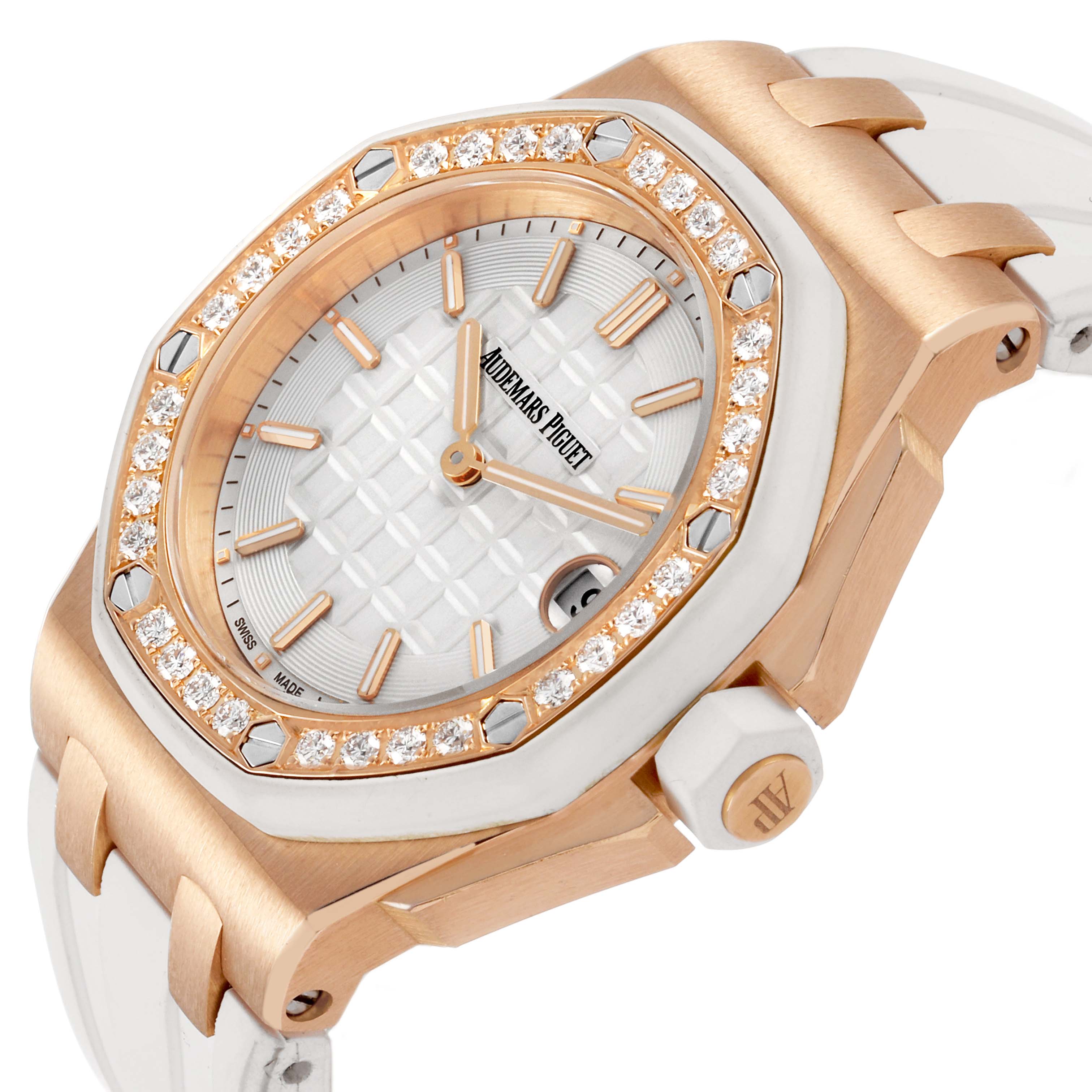 The Royal Oak Offshore by Audemars Piguet is shown from a side angle, highlighting its rose gold case, diamond bezel, and white strap.