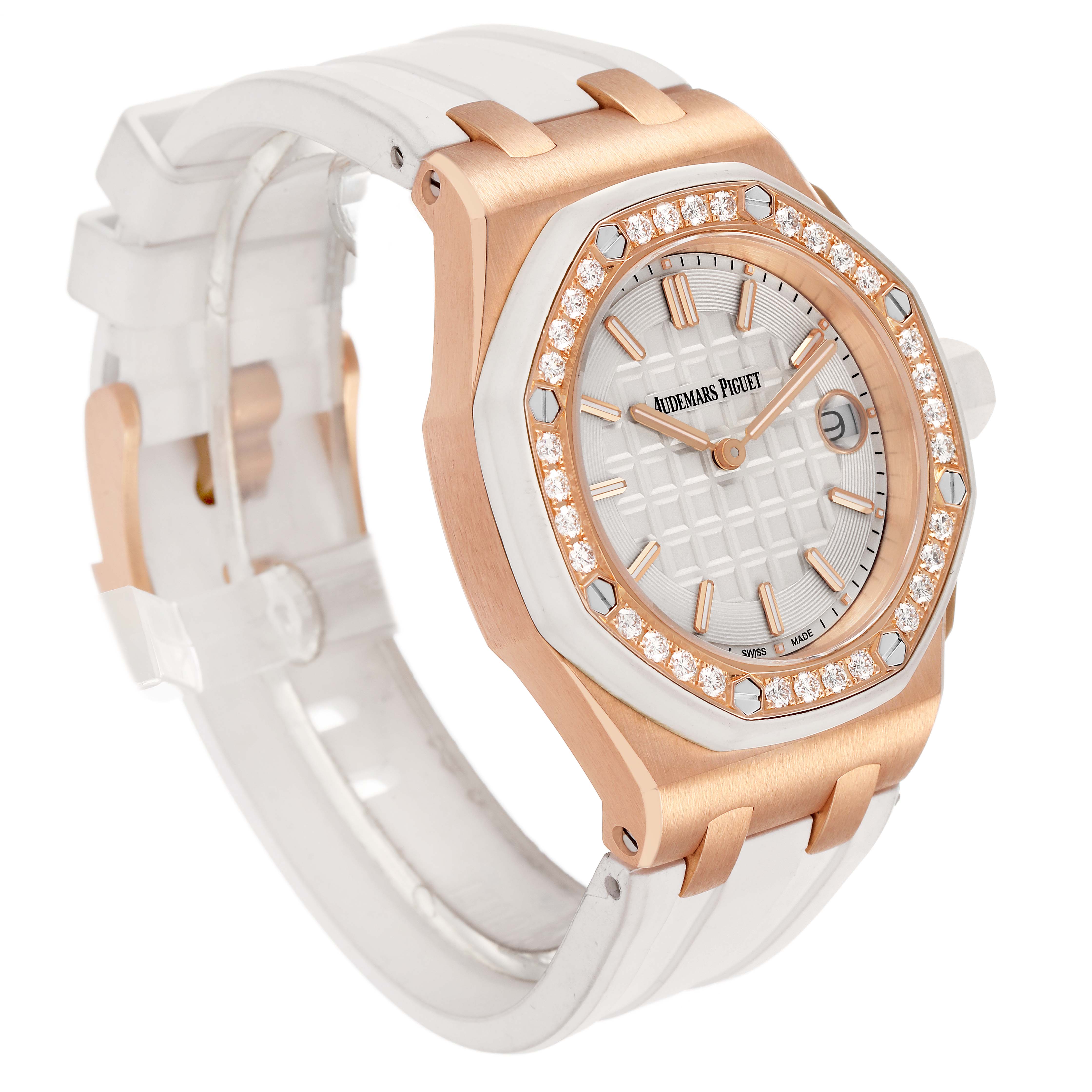 The image shows a side angle of the Audemars Piguet Royal Oak Offshore 67540OK.ZZ.A010CA.01 Women's Rose Gold Silver Dial, highlighting the face, bezel, and part of the strap.