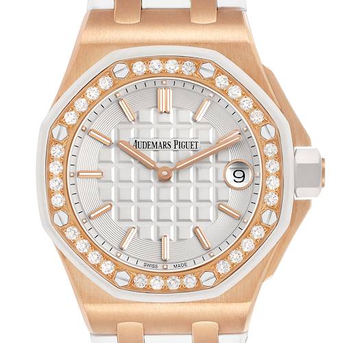 The Audemars Piguet Royal Oak Offshore 67540OK.ZZ.A010CA.01 Women's Rose Gold Silver Dial watch is shown from the front, highlighting the diamond-set bezel and face.