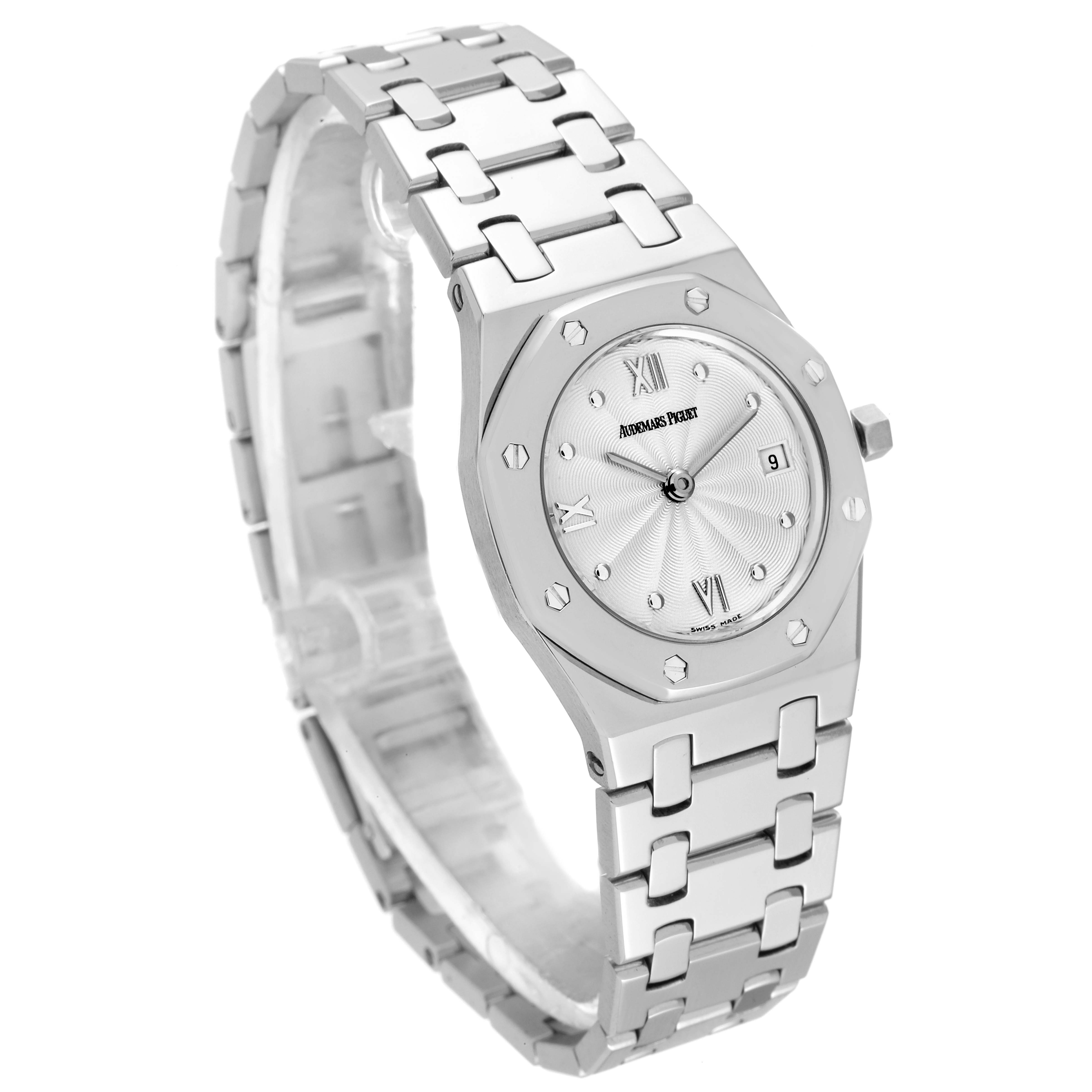 The image shows a Royal Oak model by Audemars Piguet, viewed from an angled perspective displaying the face, bezel, and bracelet.