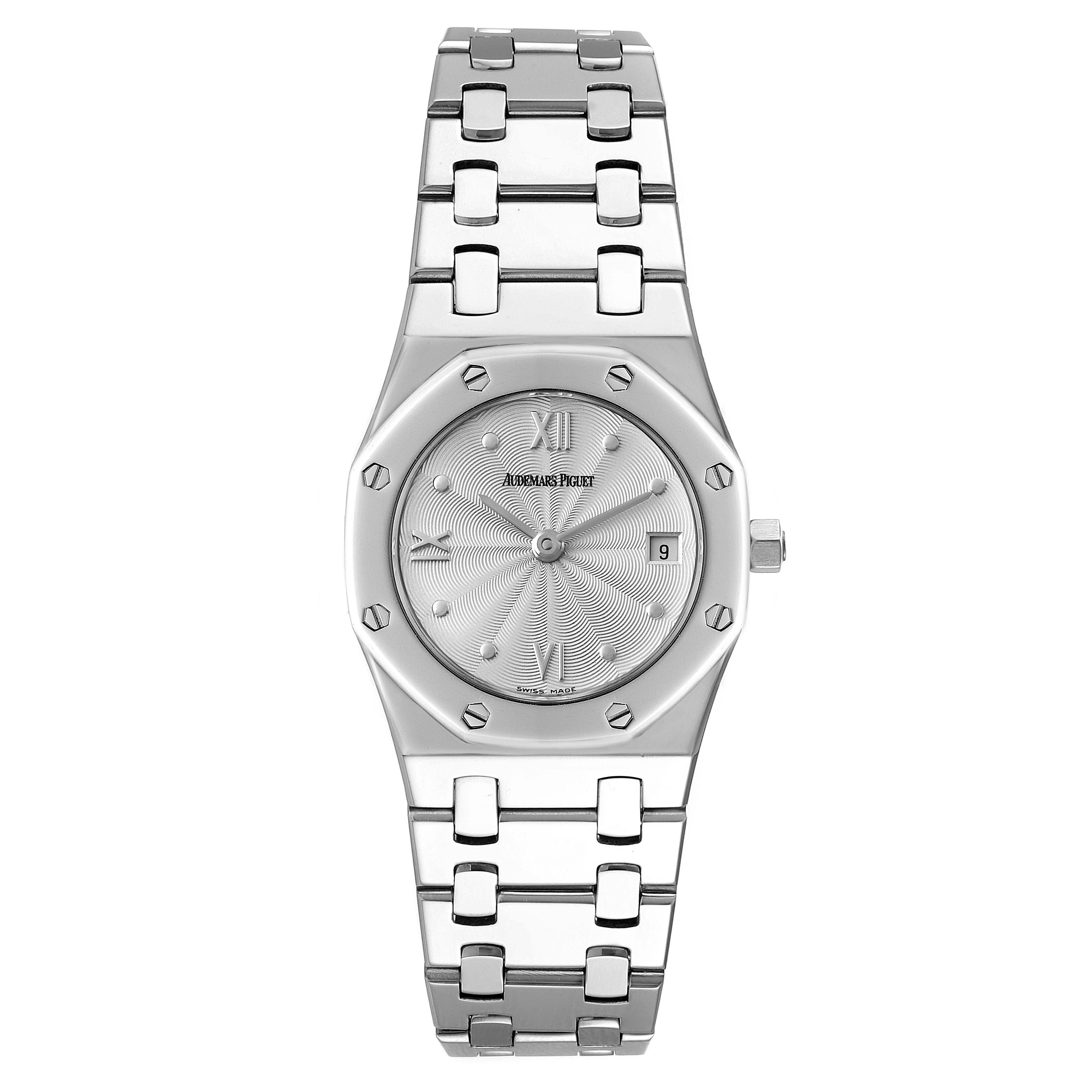 The image shows a front view of an Audemars Piguet Royal Oak 67470ST.PP.1120ST.02 Women's Stainless Steel Silver Dial 67470ST.PP.1120ST.02 Women's Stainless Steel Silver Dial watch with a visible bracelet, face, hands, and crown.