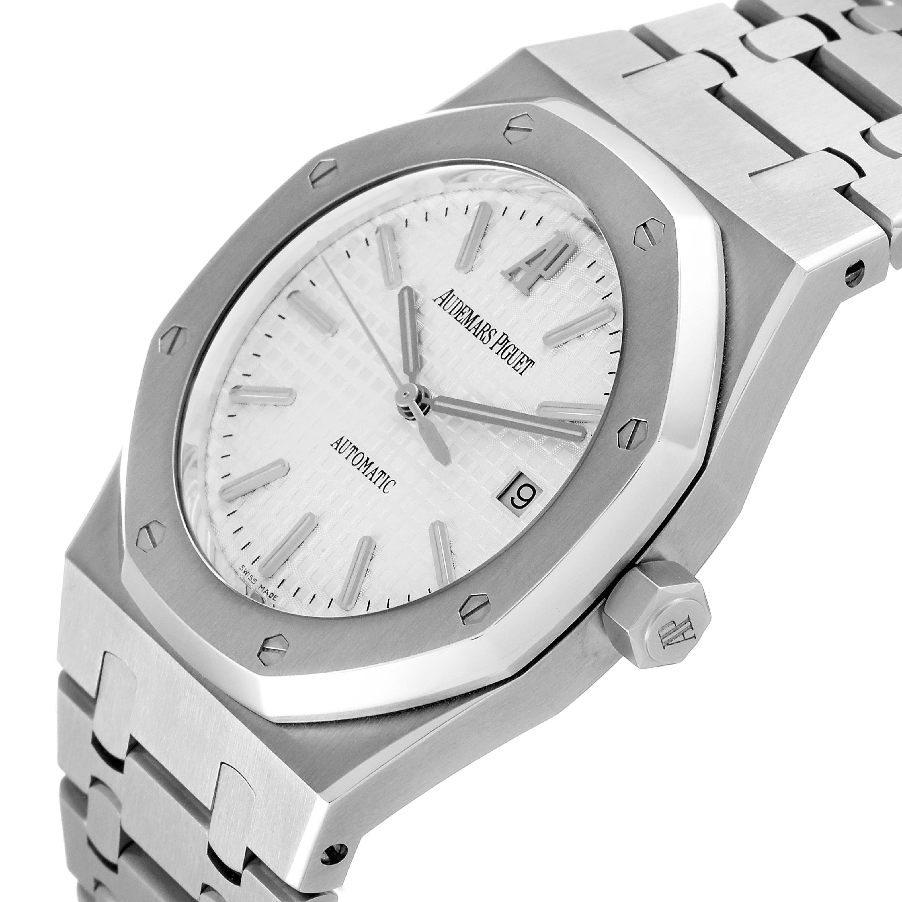 This image shows a side angle of the Audemars Piguet Royal Oak 15300ST Men's Stainless Steel White Dial 15300ST Men's Stainless Steel White Dial watch highlighting its bezel, dial, crown, and bracelet.
