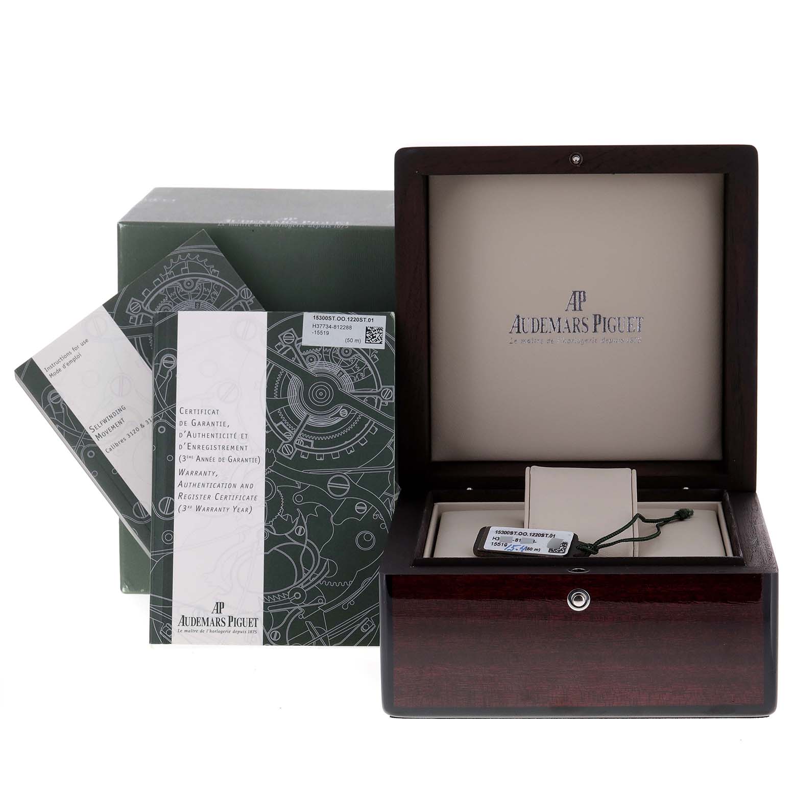 The image shows the packaging, warranty, and storage box for the Audemars Piguet Royal Oak 15300ST Men's Stainless Steel White Dial 15300ST Men's Stainless Steel White Dial model.