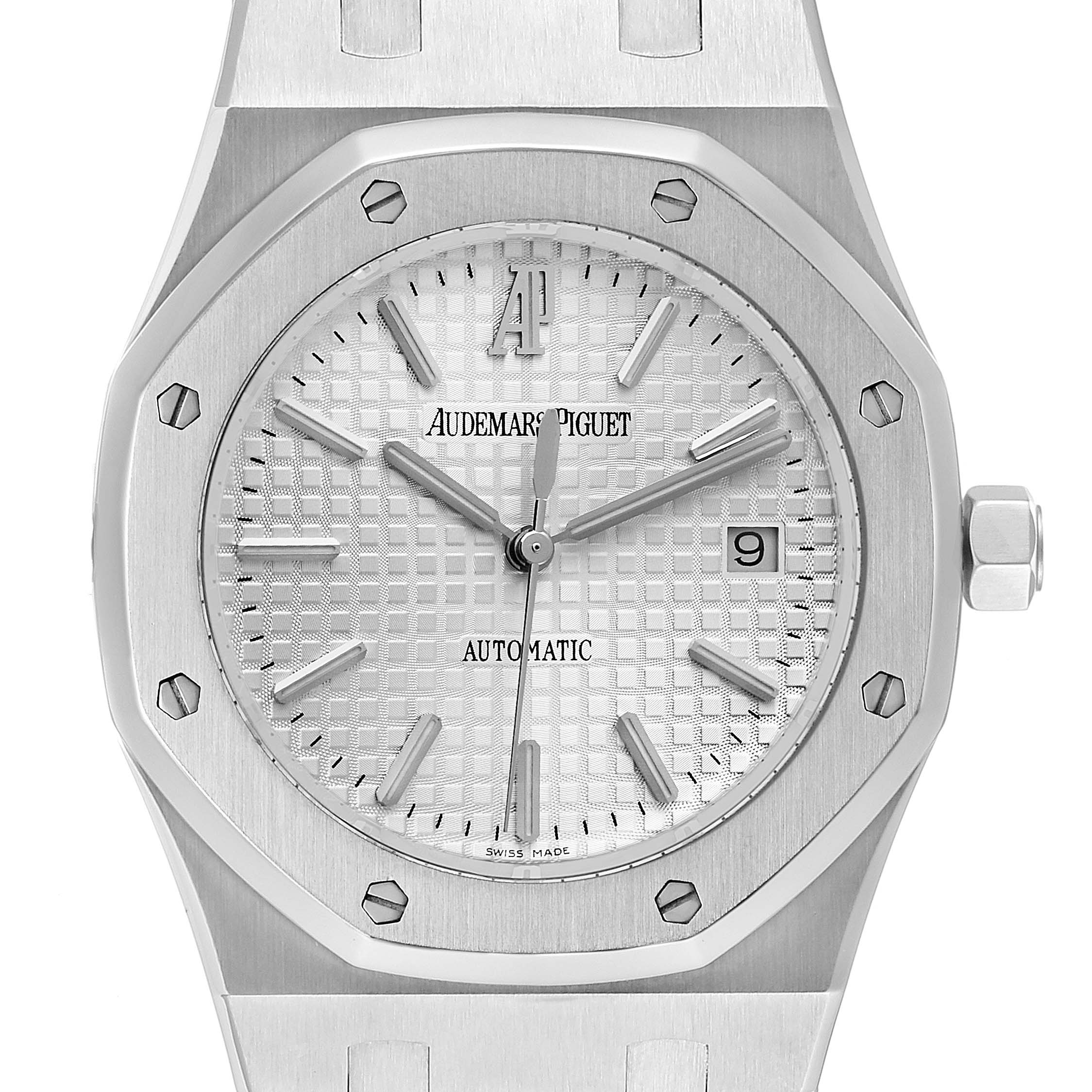 The image shows a front view of the Audemars Piguet Royal Oak 15300ST Men's Stainless Steel White Dial 15300ST Men's Stainless Steel White Dial watch, highlighting its dial, octagonal bezel, and bracelet.