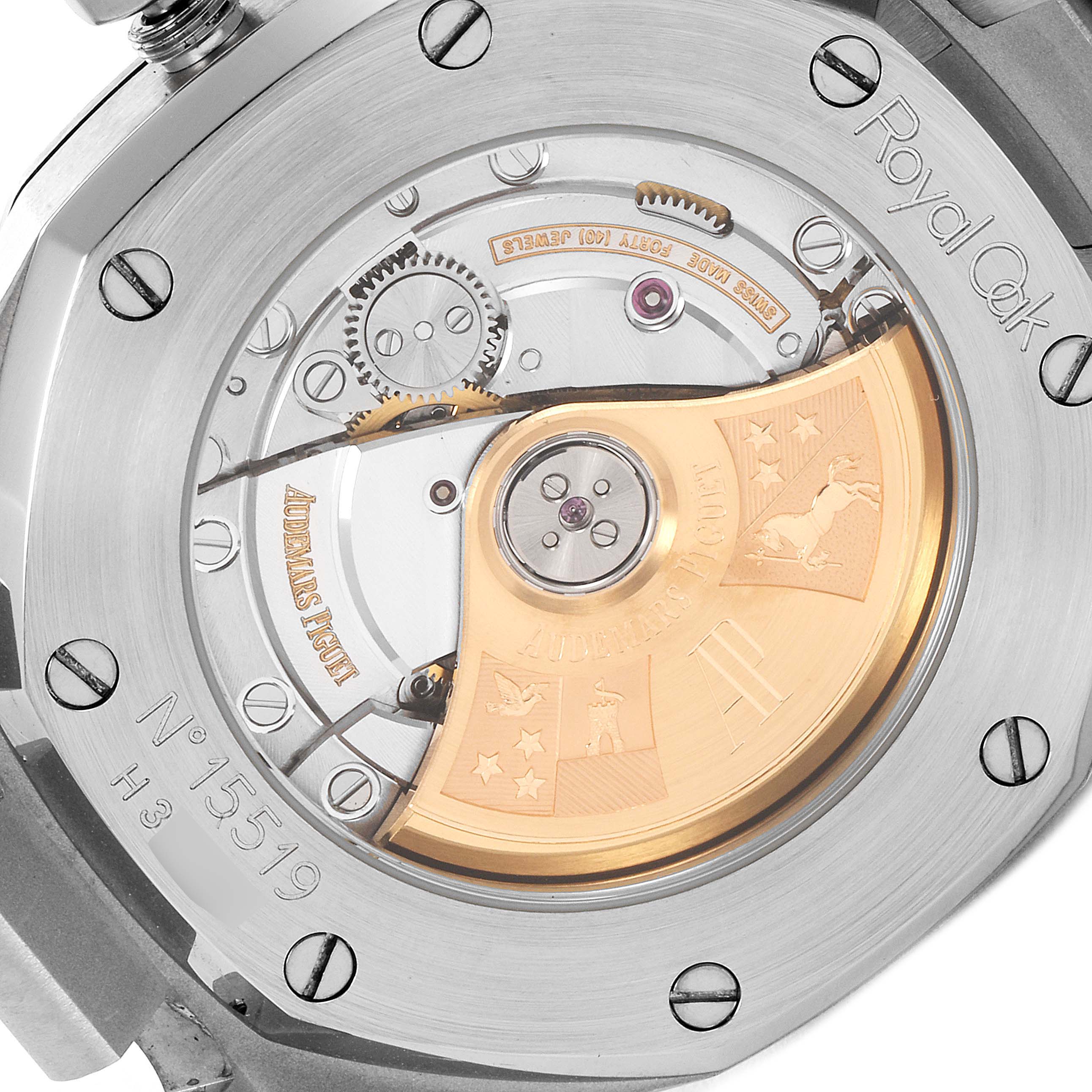 This image shows the back view of the Audemars Piguet Royal Oak 15300ST Men's Stainless Steel White Dial 15300ST Men's Stainless Steel White Dial, revealing its mechanical movement and rotor.